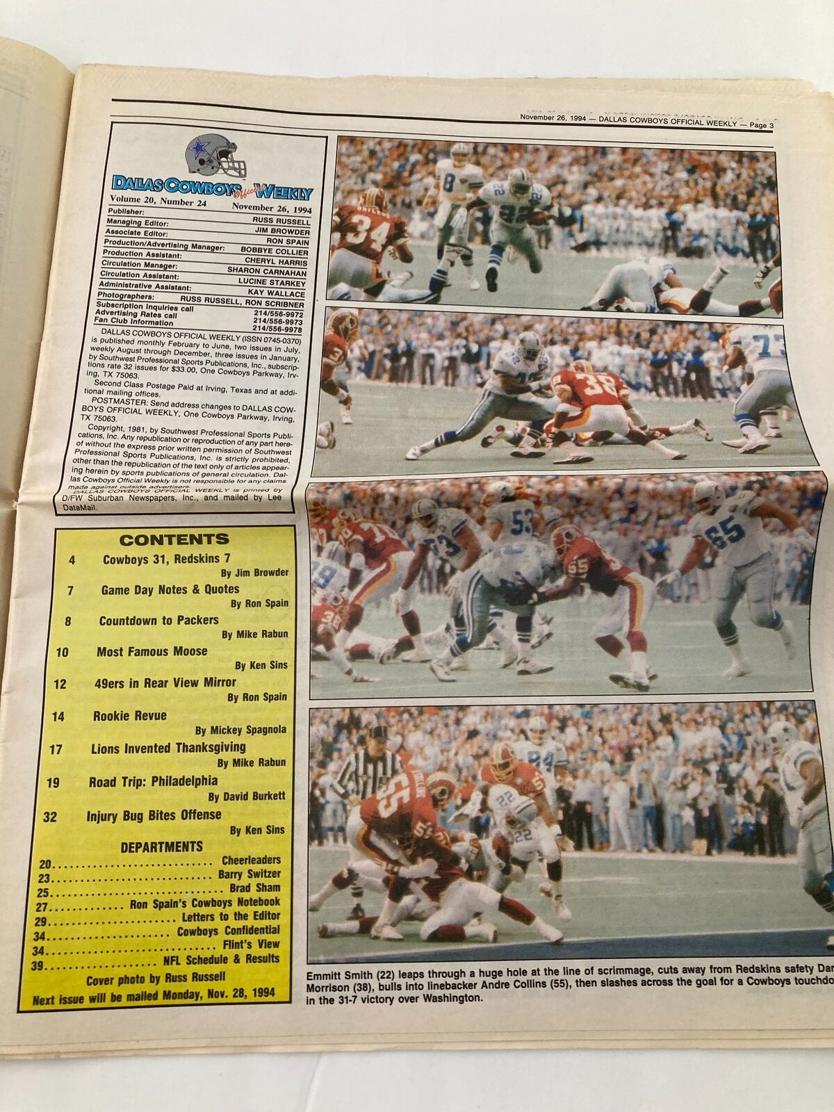 Dallas Cowboys Weekly Newspaper November 26 1994 Vol 20 #24 Kevin Williams