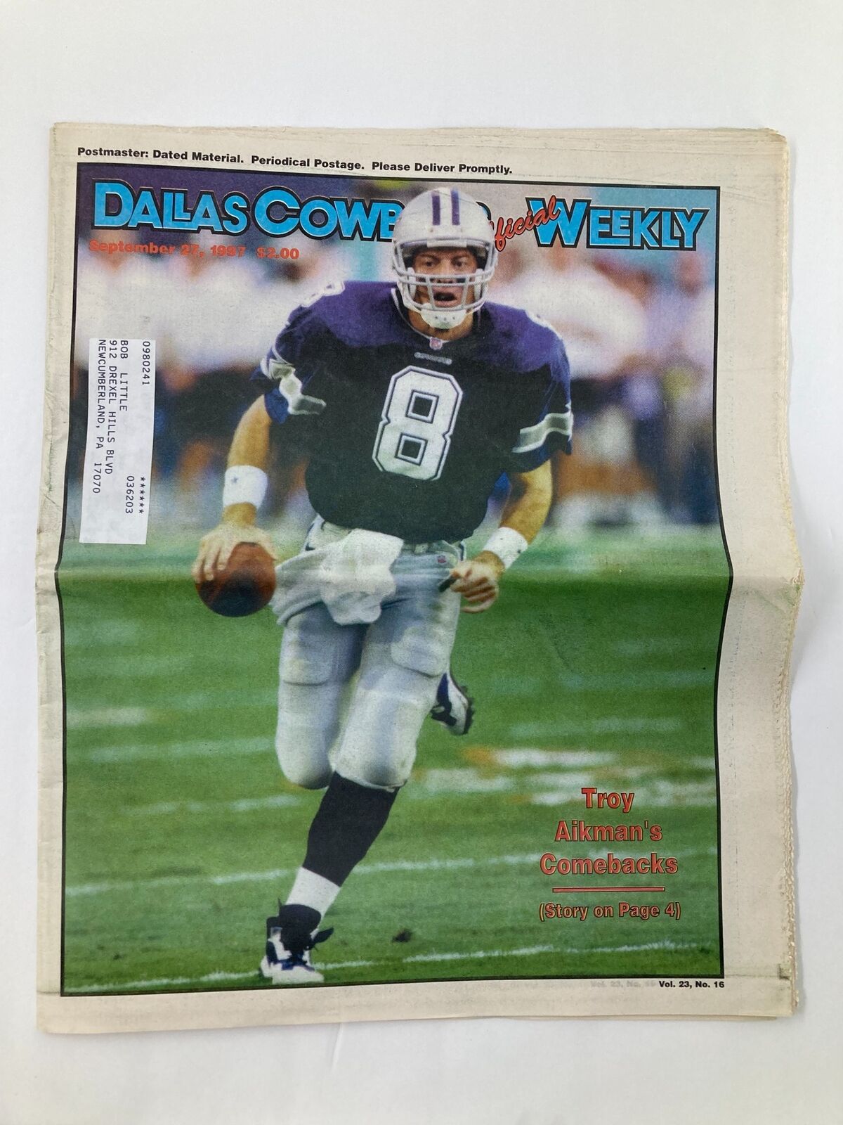 Dallas Cowboys Weekly Newspaper September 27 1997 Vol 23 #16 Troy Aikman