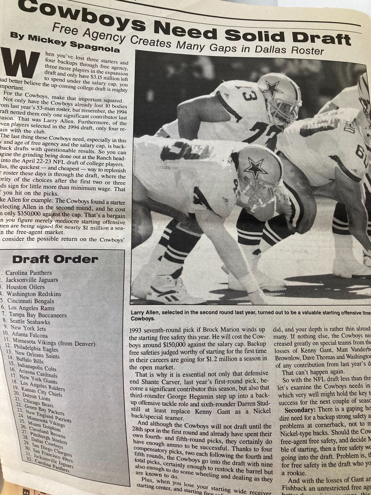 Dallas Cowboys Weekly Newspaper April 1995 Vol 21 #3 Erik Williams in Rehab