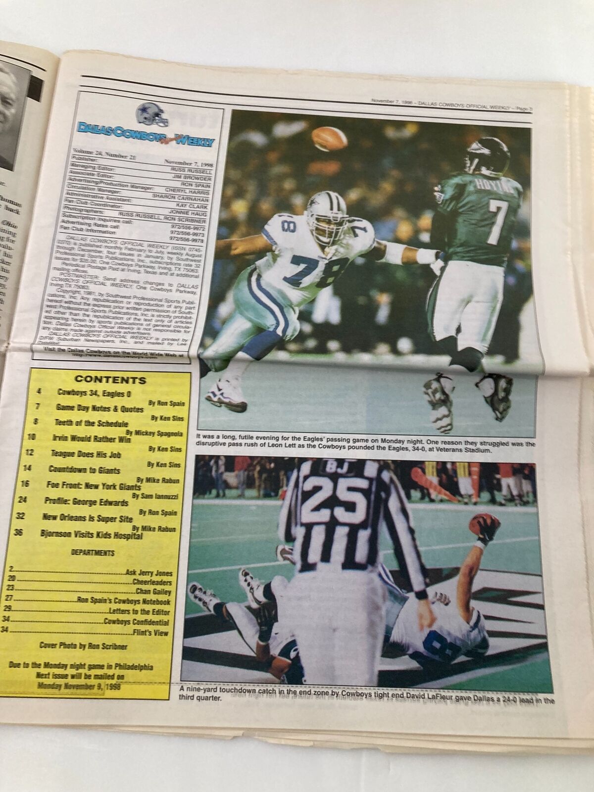 Dallas Cowboys Weekly Newspaper November 7 1998 Vol 24 #21 Troy Aikman Returns