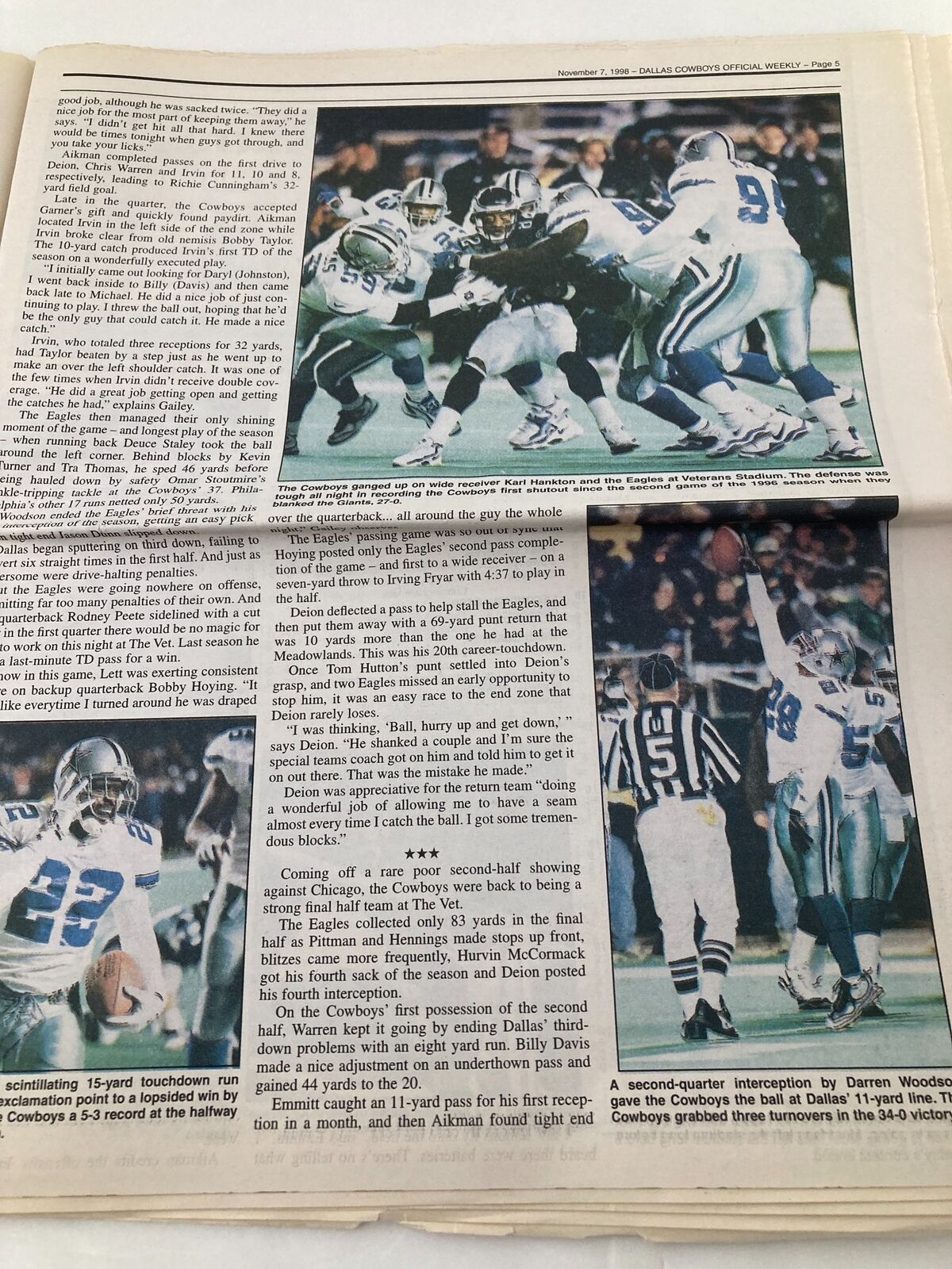 Dallas Cowboys Weekly Newspaper November 7 1998 Vol 24 #21 Troy Aikman Returns