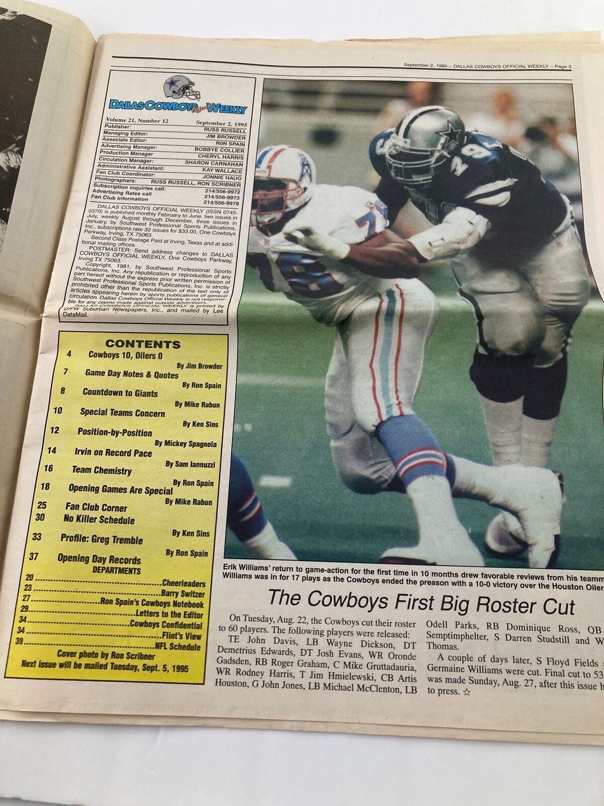 Dallas Cowboys Weekly Newspaper September 2 1995 Vol 21 #12 Kevin Williams