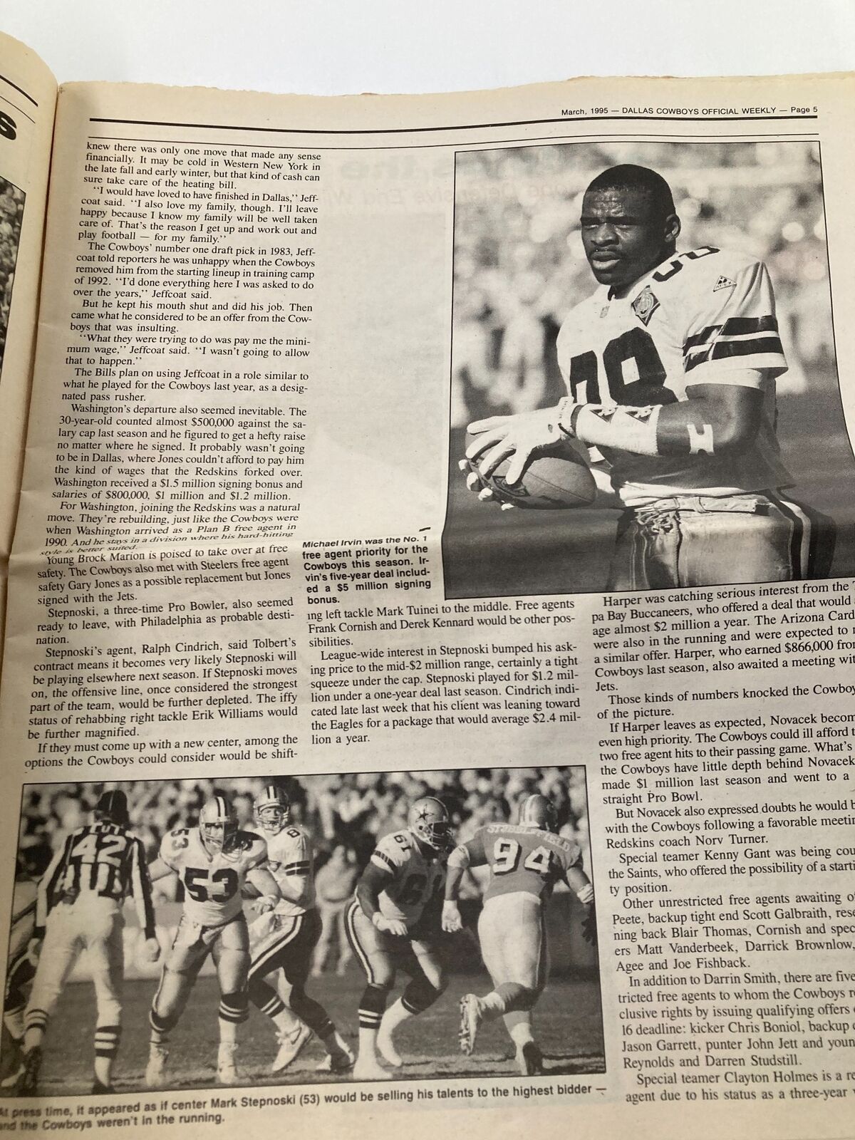 Dallas Cowboys Weekly Newspaper March 1995 Vol 21 #2 Tony Tolbert Big  Contract