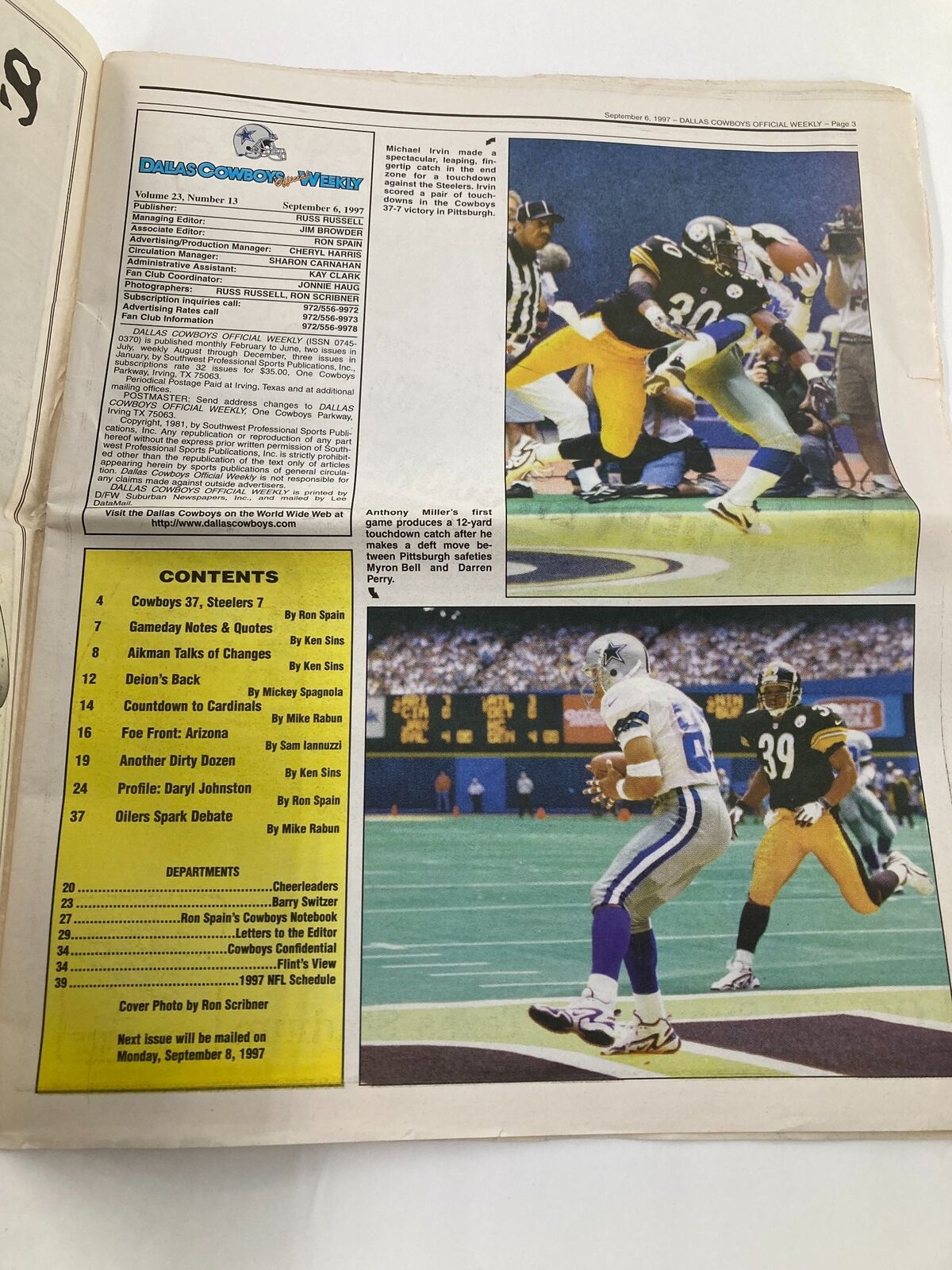 Dallas Cowboys Weekly Newspaper September 6 1997 Vol 23 #13 Brock Marion