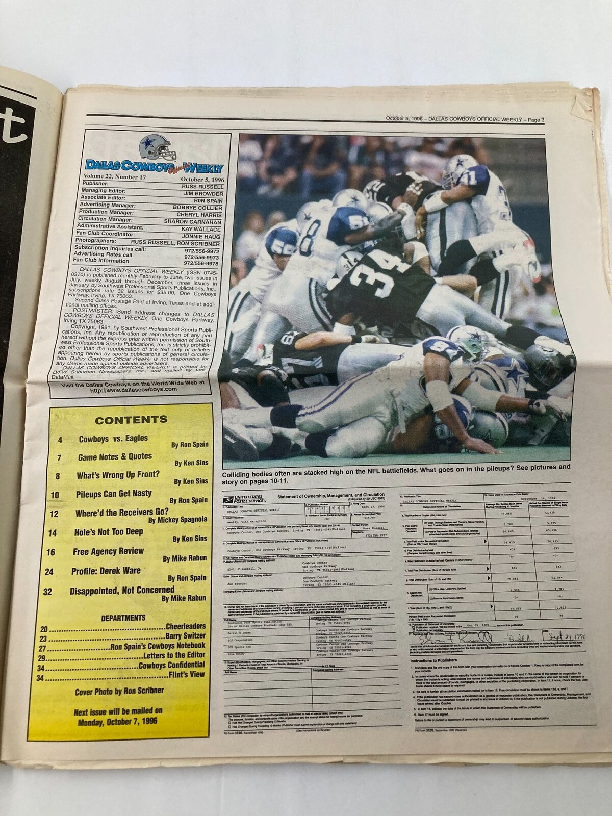 Dallas Cowboys Weekly Newspaper October 5 1996 Vol 22 #17 Cowboys vs Eagles