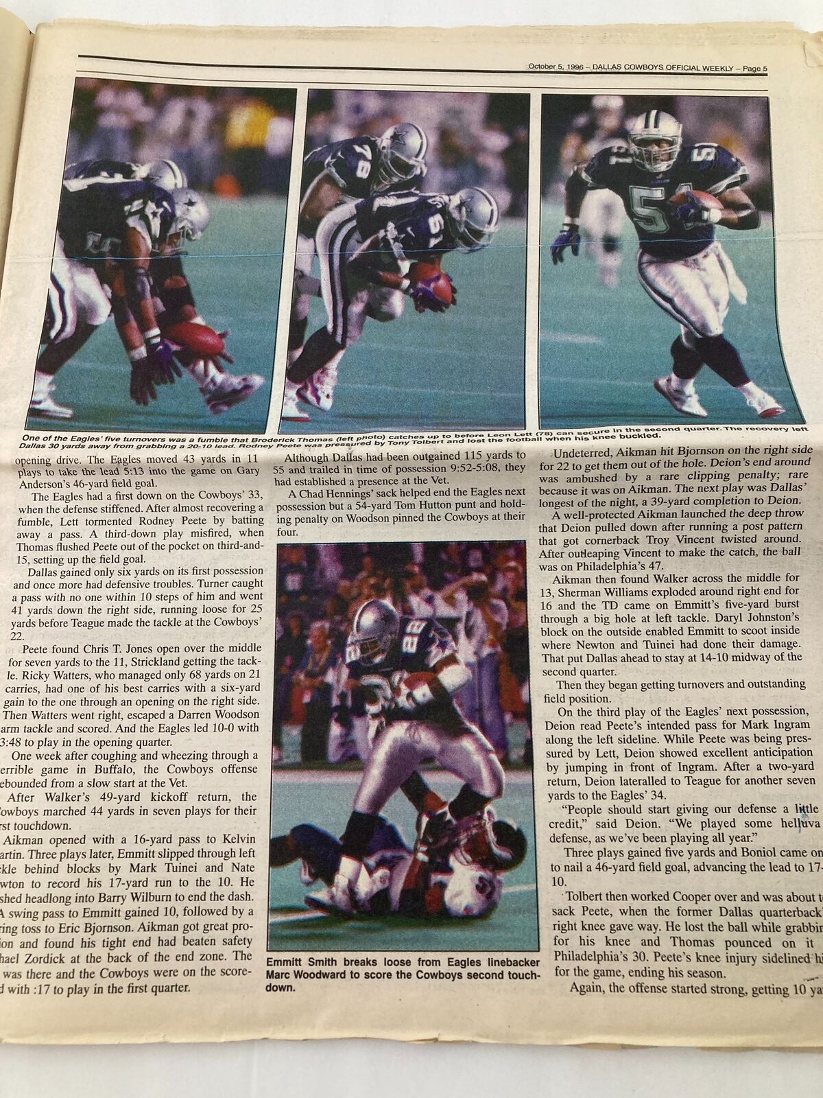 Dallas Cowboys Weekly Newspaper October 5 1996 Vol 22 #17 Cowboys vs Eagles