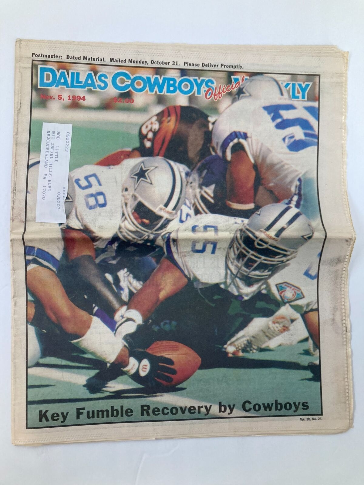 Dallas Cowboys Weekly Newspaper November 5 1994 Vol 20 #21 Troy Aikman