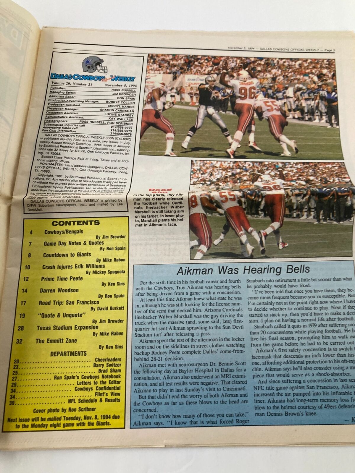 Dallas Cowboys Weekly Newspaper November 5 1994 Vol 20 #21 Troy Aikman