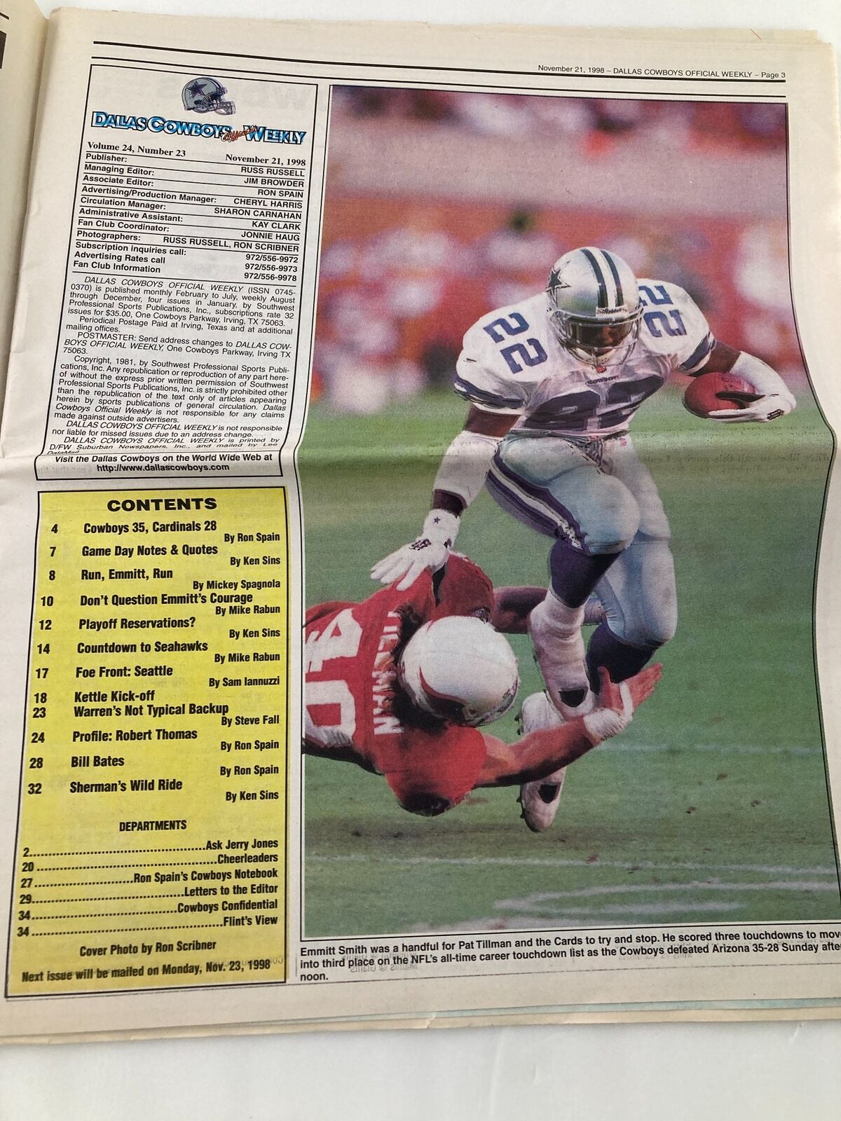 Dallas Cowboys Weekly Newspaper November 21 1998 Vol 24 #23 Flozell Adams