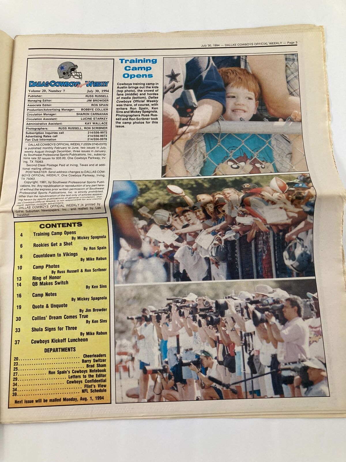 Dallas Cowboys Weekly Newspaper July 30 1994 Vol 20 #7 Training Camp Opens