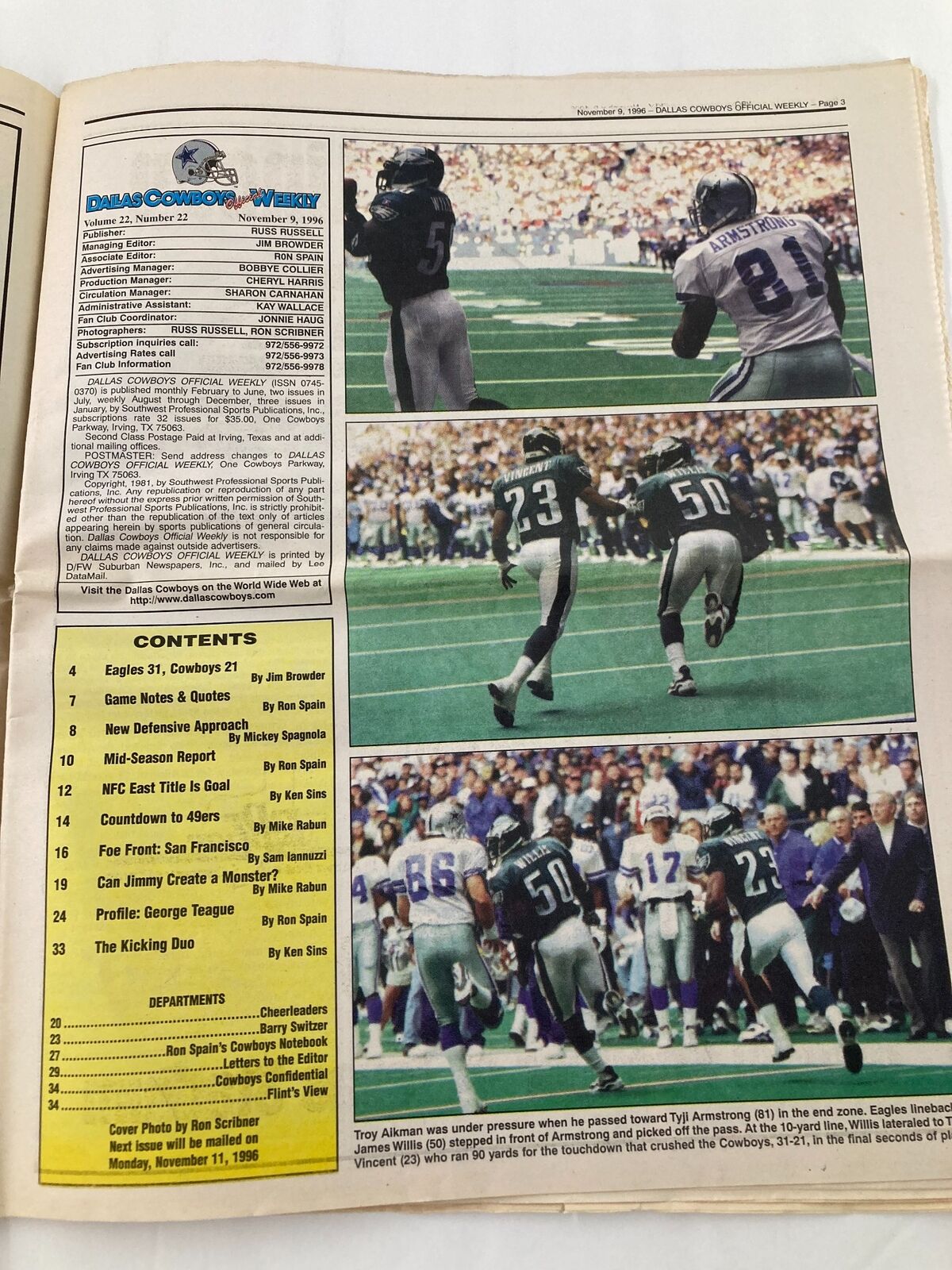 Dallas Cowboys Weekly Newspaper November 9 1996 Vol 22 #22 Troy Aikman