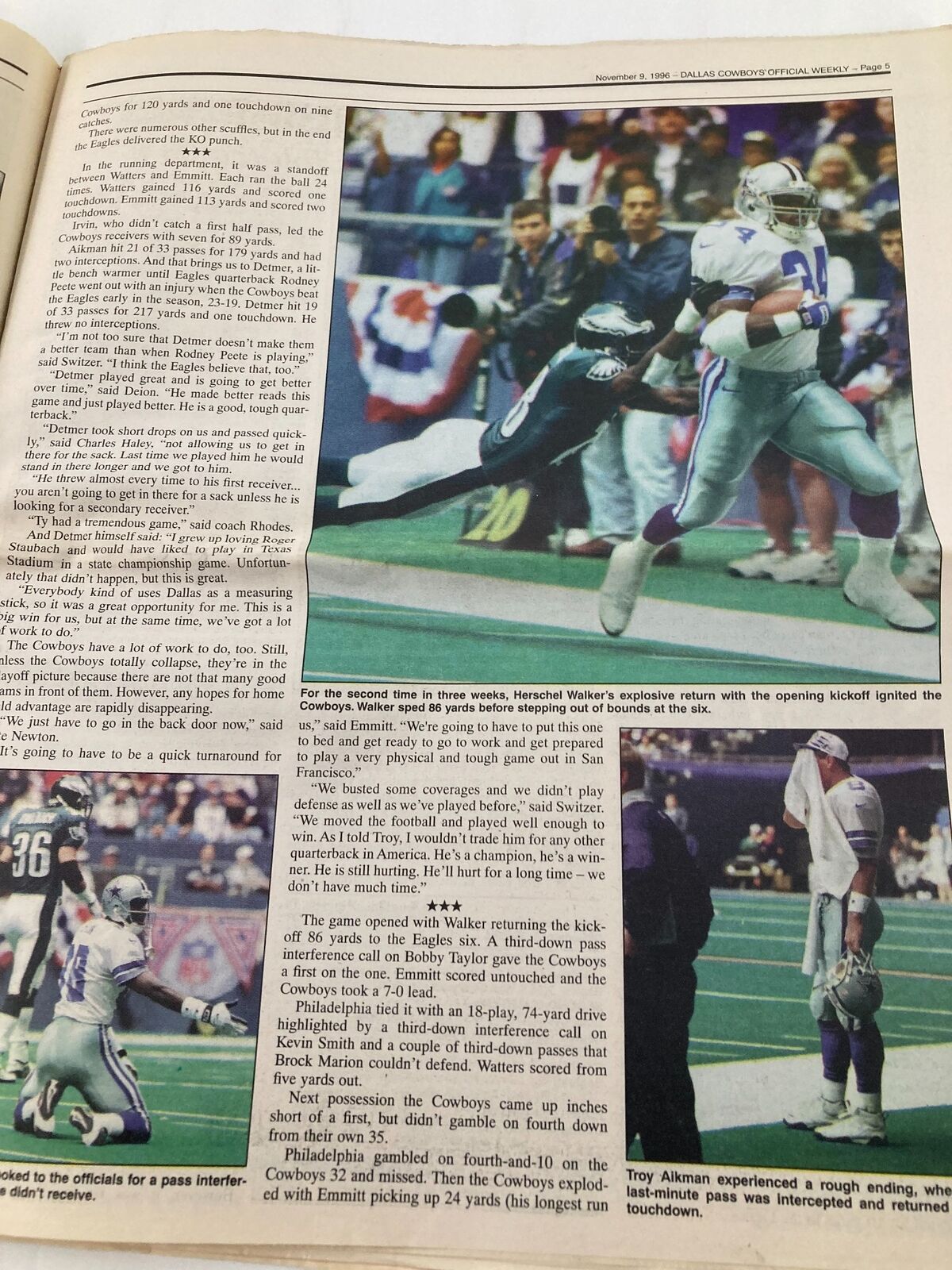 Dallas Cowboys Weekly Newspaper November 9 1996 Vol 22 #22 Troy Aikman