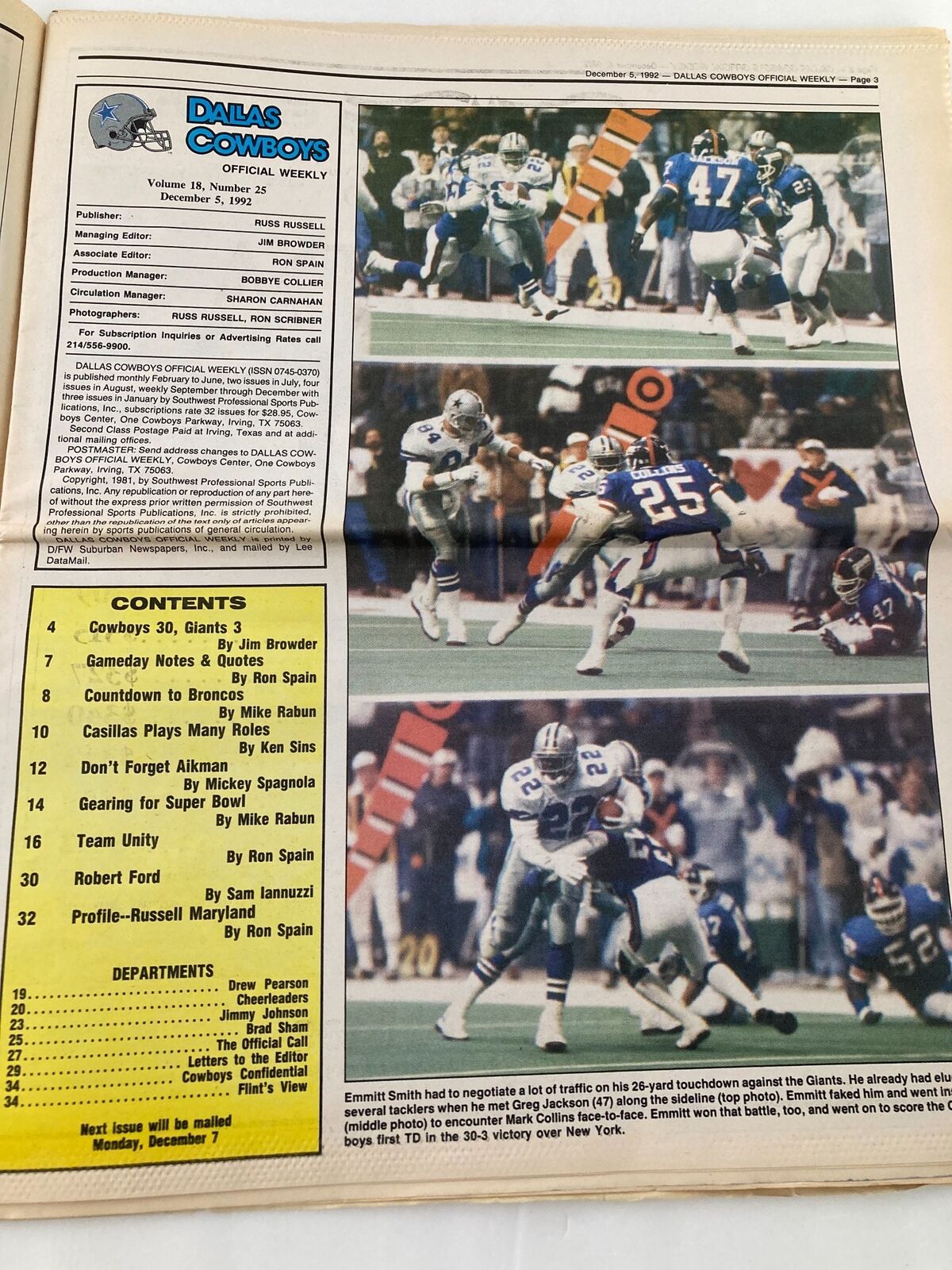 Dallas Cowboys Weekly Newspaper December 5 1992 Vol 18 #25 Kevin Smith