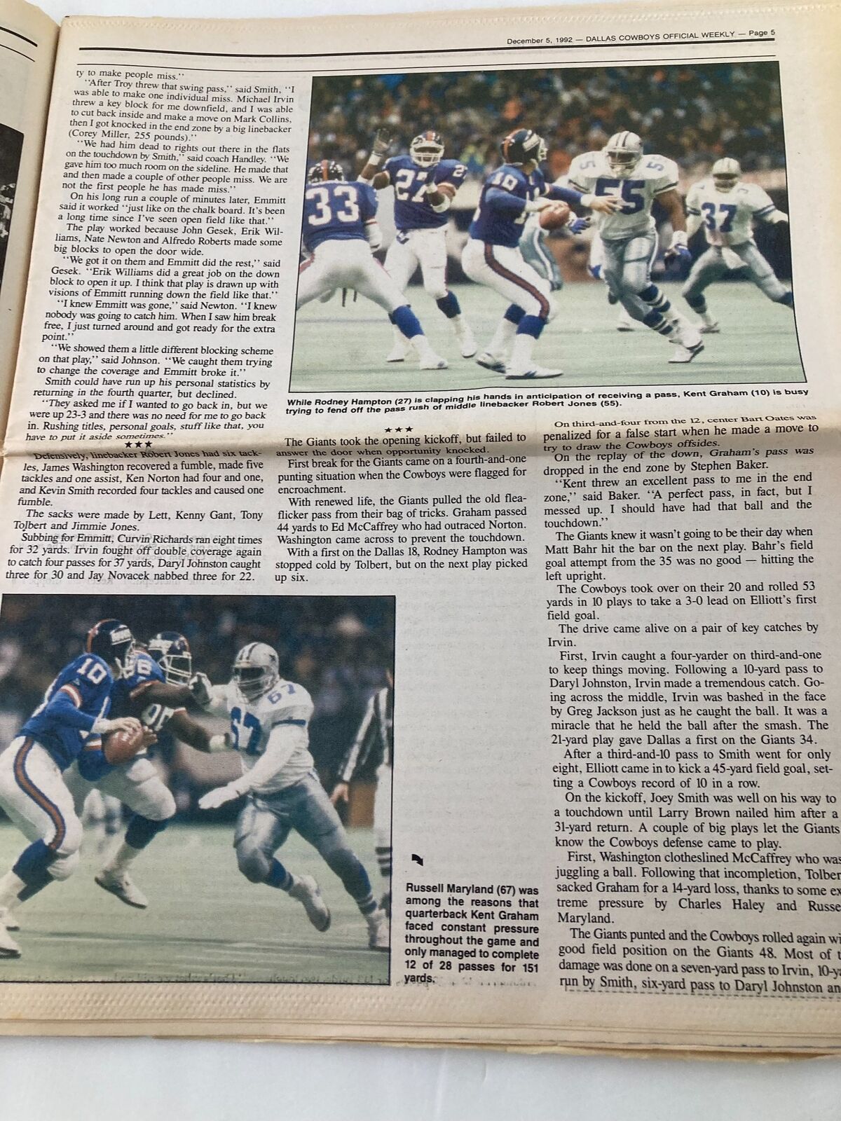 Dallas Cowboys Weekly Newspaper December 5 1992 Vol 18 #25 Kevin Smith