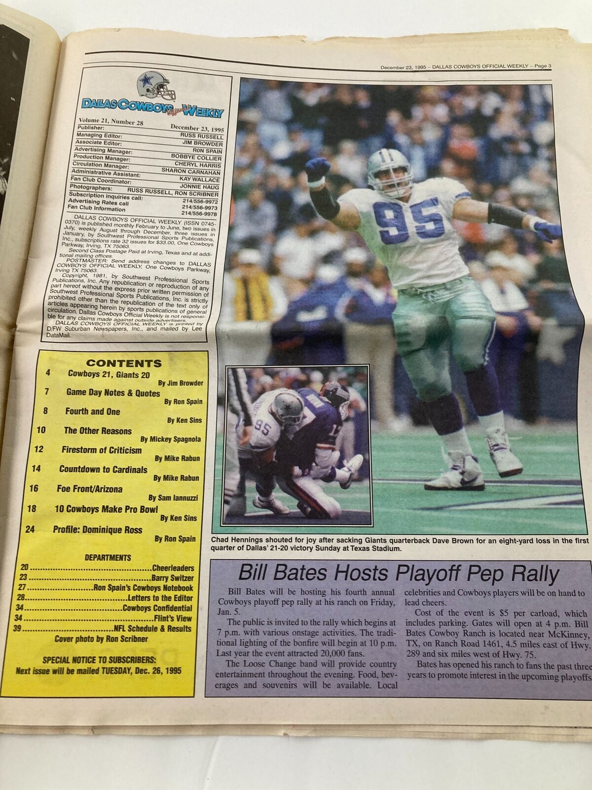 Dallas Cowboys Weekly Newspaper December 23 1995 Vol 21 #28 Kevin Williams