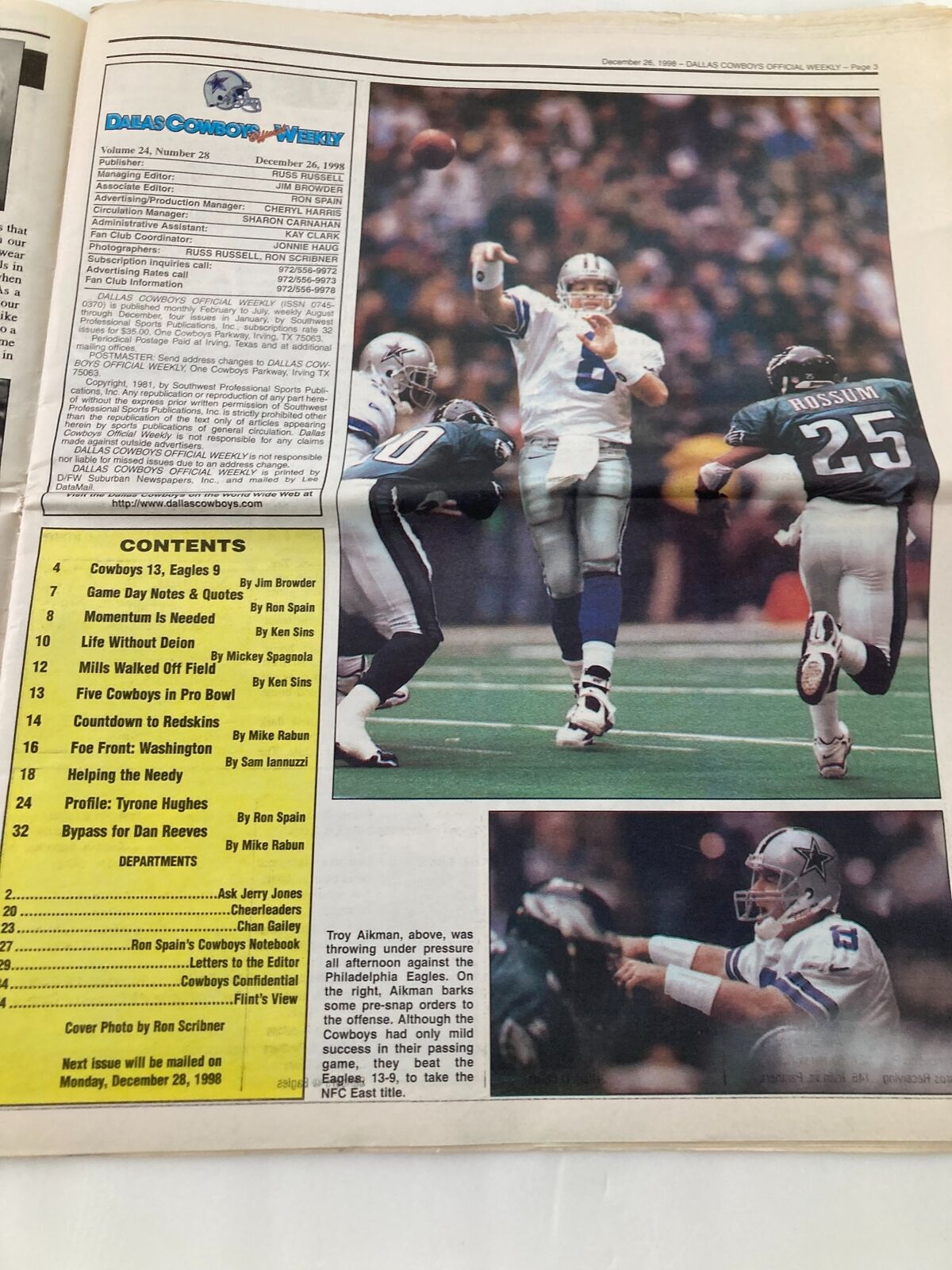 Dallas Cowboys Weekly Newspaper December 26 1998 Vol 24 #28 Eric Bjornson