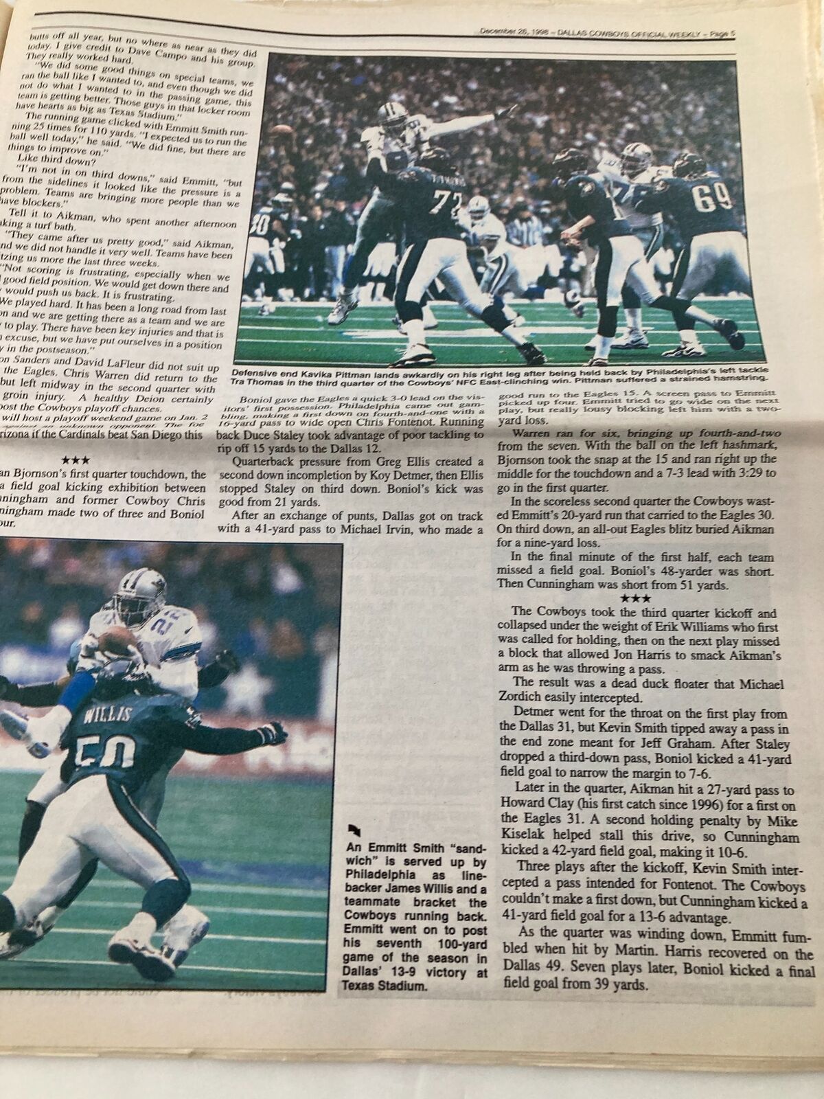 Dallas Cowboys Weekly Newspaper December 26 1998 Vol 24 #28 Eric Bjornson