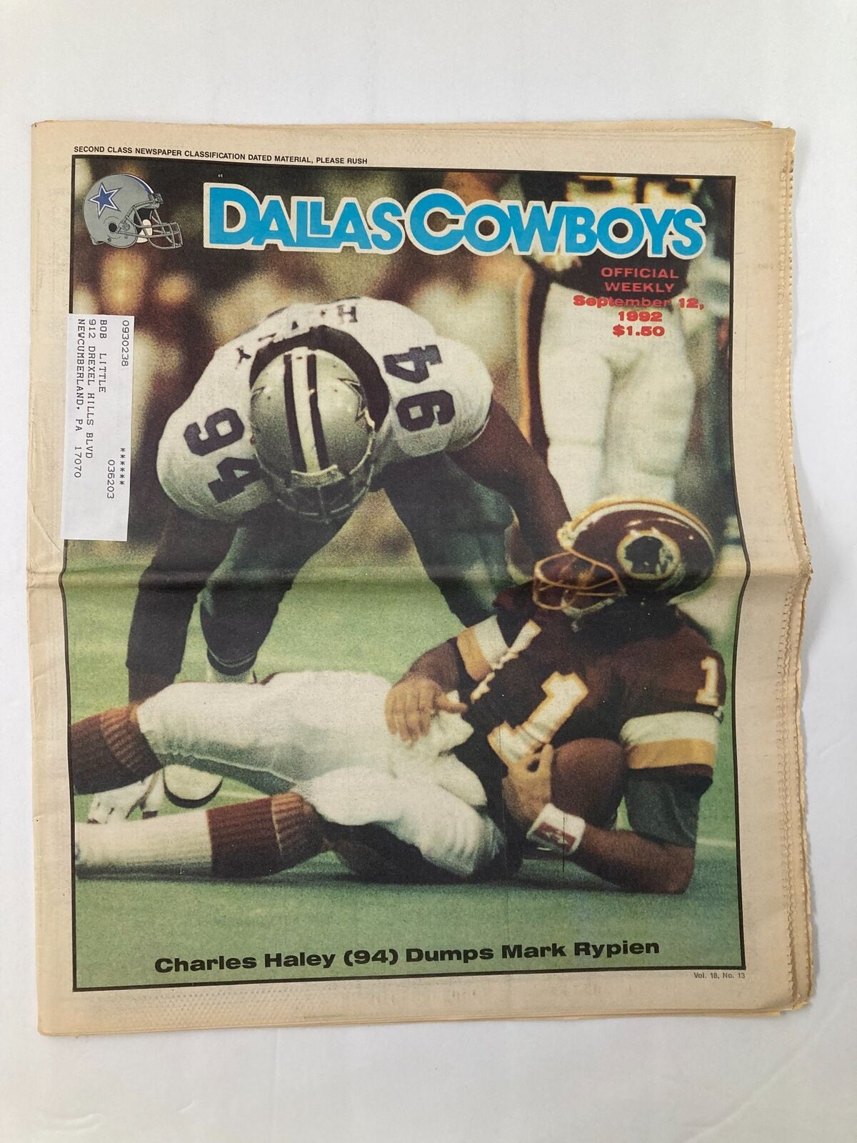 Dallas Cowboys Weekly Newspaper September 12 1992 Charles Haley & Mark Rypien