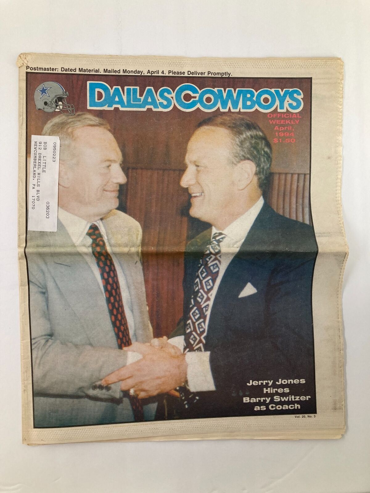 Dallas Cowboys Weekly Newspaper April 1994 Vol 20 #3 Jerry Jones & Barry Switzer