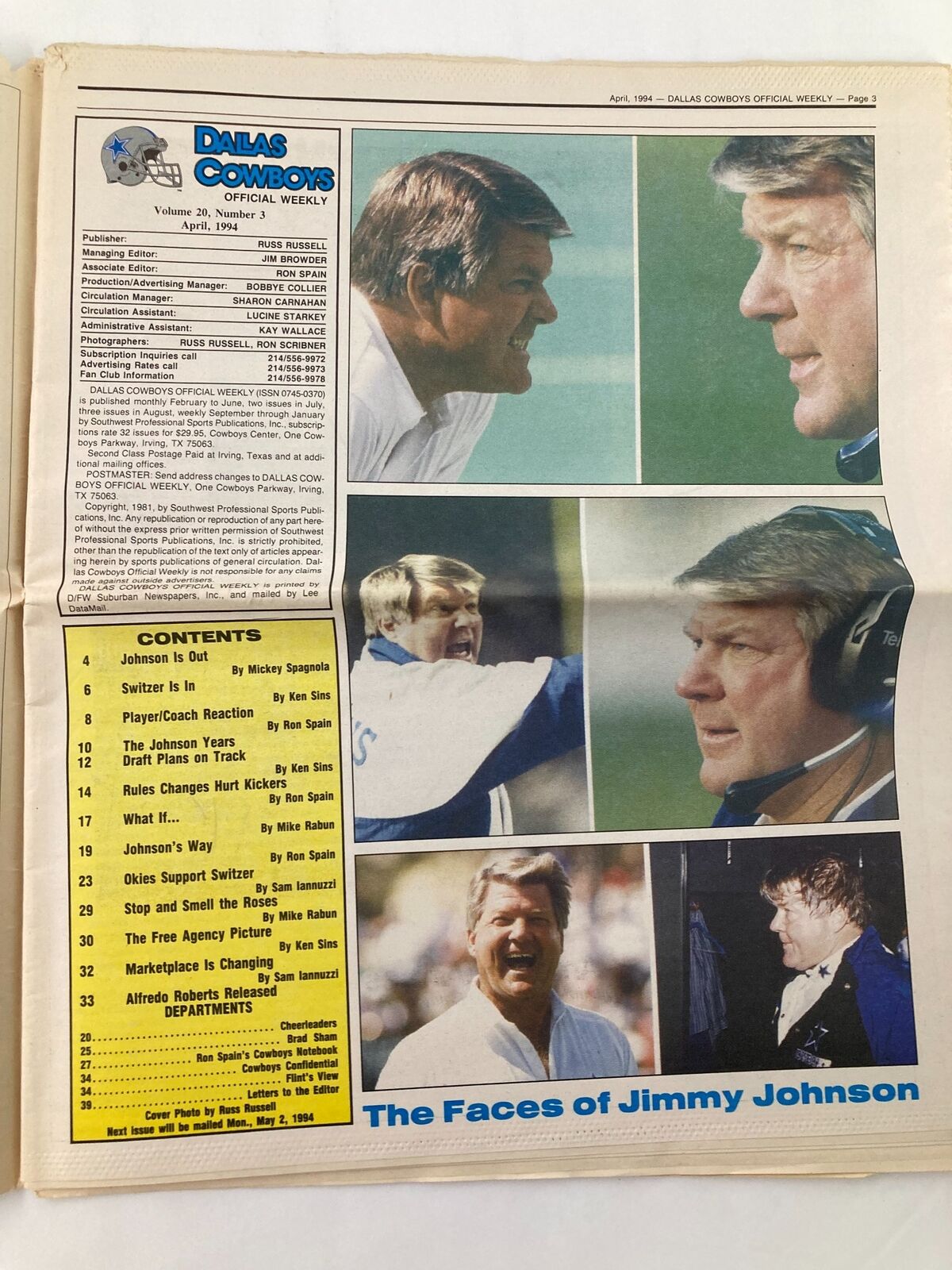 Dallas Cowboys Weekly Newspaper April 1994 Vol 20 #3 Jerry Jones & Barry Switzer