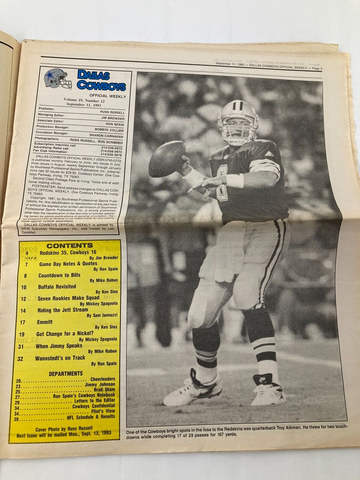 Dallas Cowboys Weekly Newspaper September 11 1993 Vol 19 #12 Troy Aikman