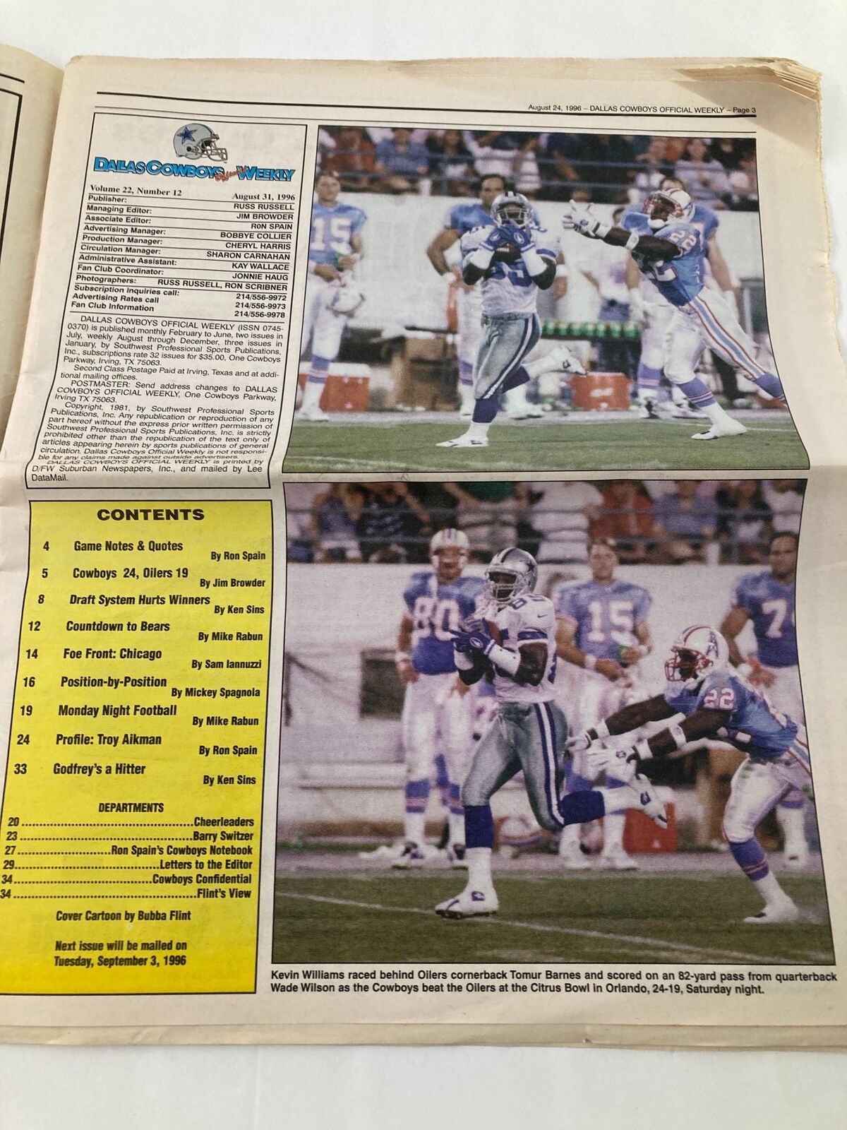 Dallas Cowboys Weekly Newspaper August 31 1996 Vol 22 #12 Kevin Williams