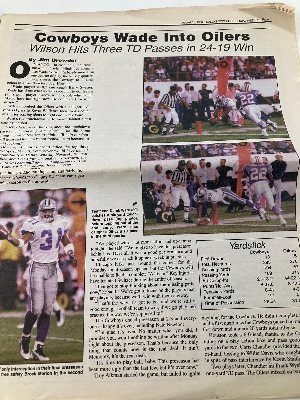 Dallas Cowboys Weekly Newspaper August 31 1996 Vol 22 #12 Kevin Williams