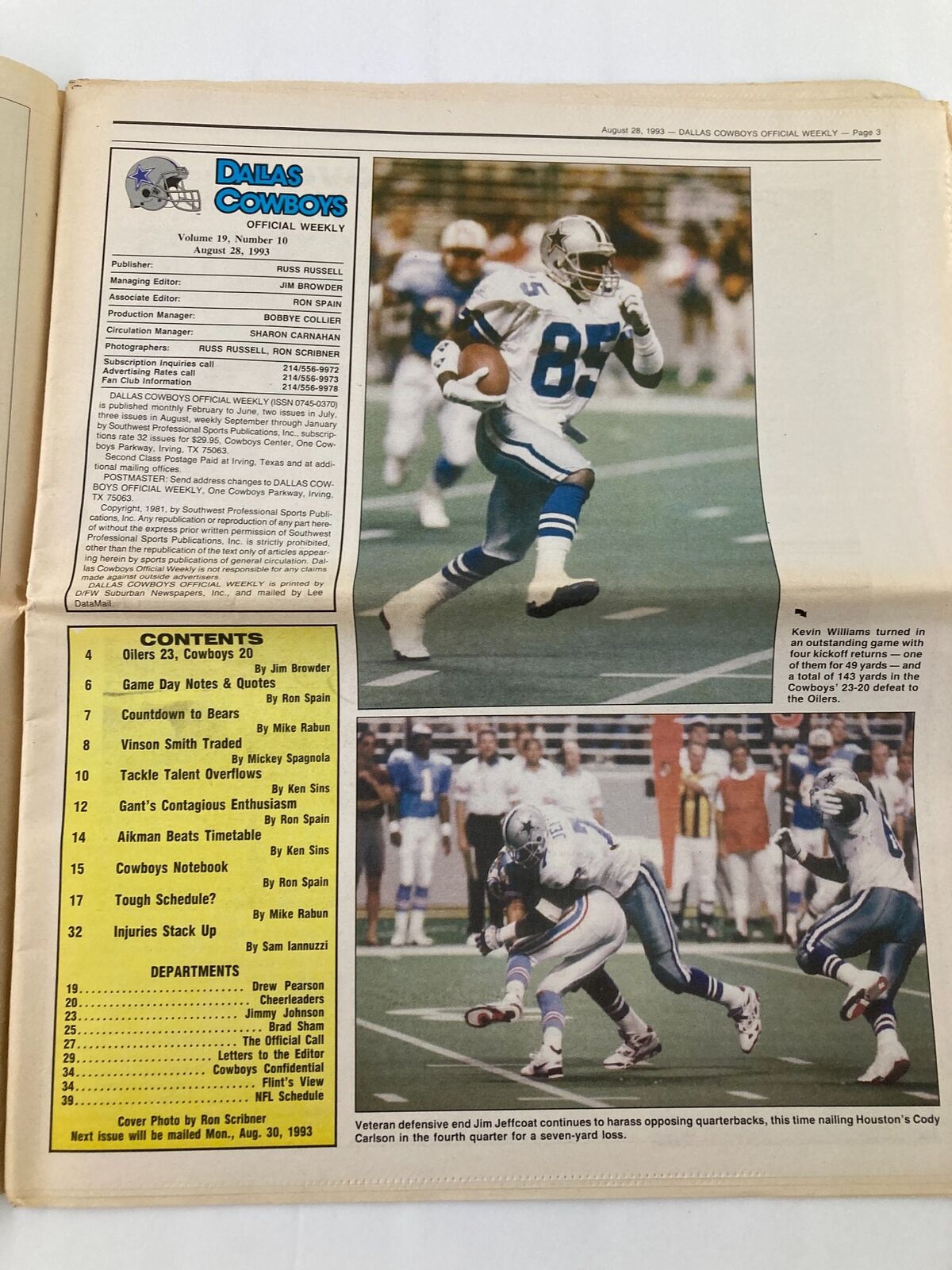 Dallas Cowboys Weekly Newspaper August 28 1993 Vol 19 #10 Kevin Williams