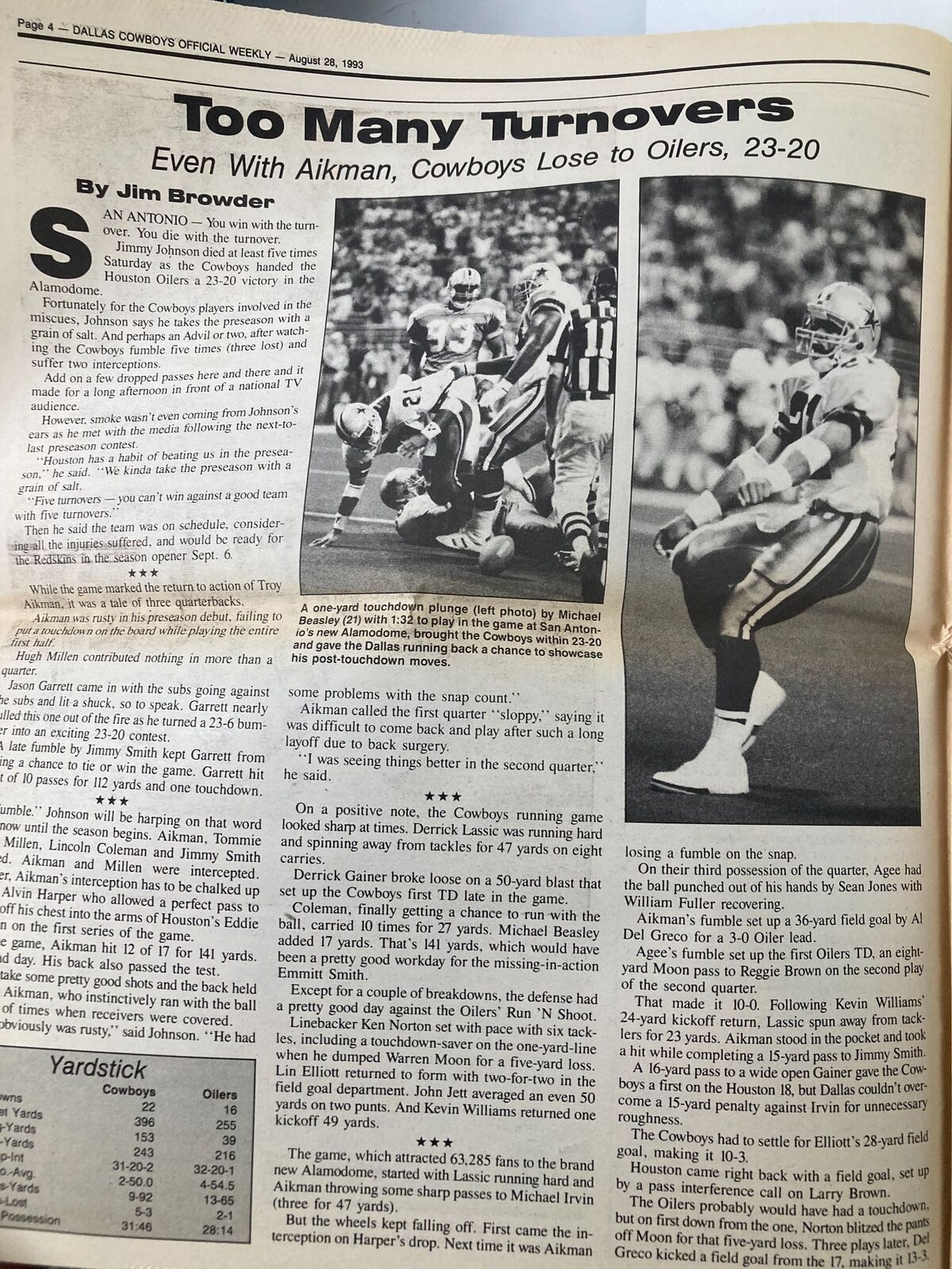 Dallas Cowboys Weekly Newspaper August 28 1993 Vol 19 #10 Kevin Williams