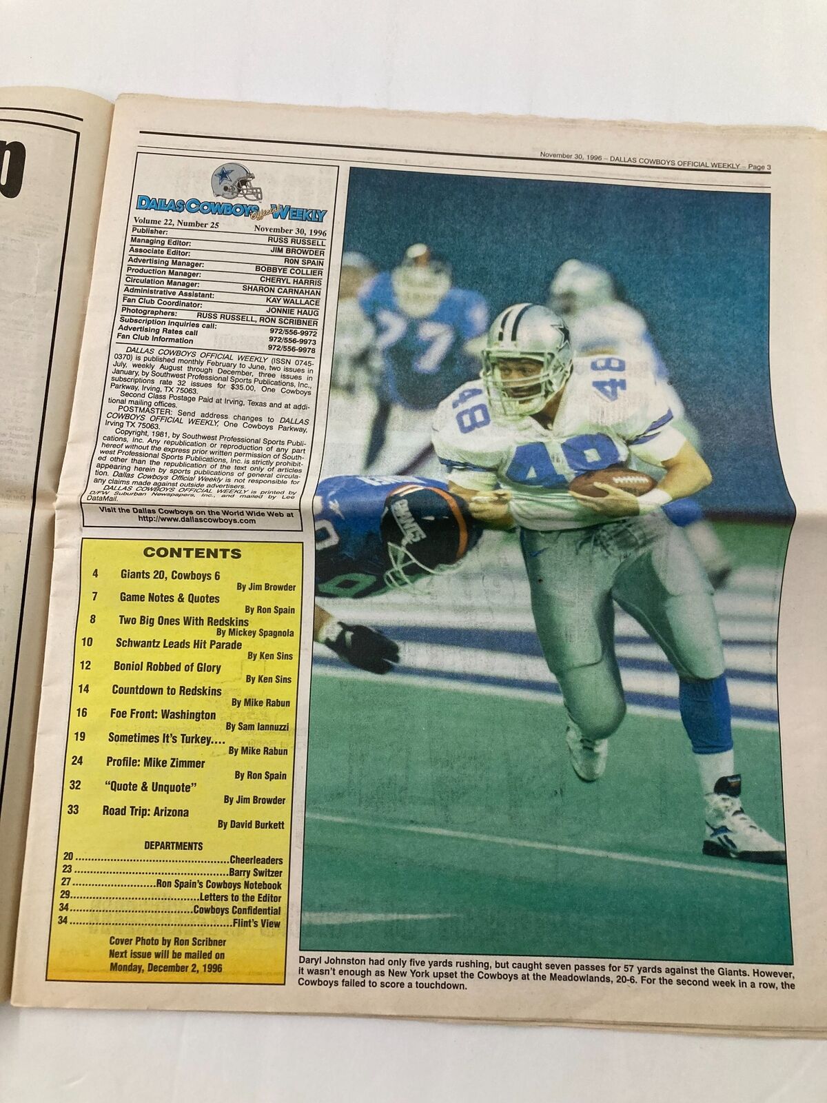 Dallas Cowboys Weekly Newspaper November 30 1996 Vol 22 #25 Daryl Johnston