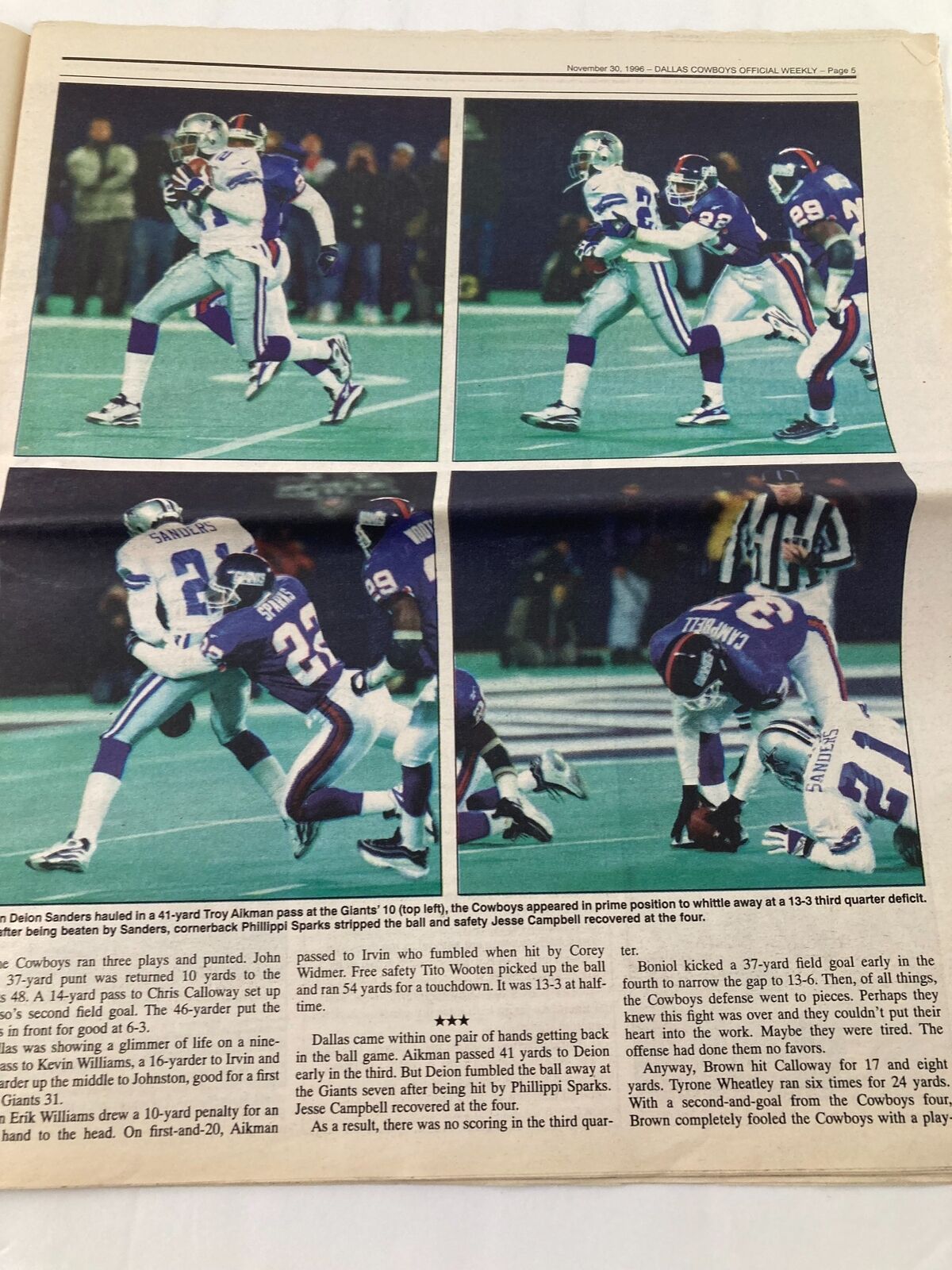 Dallas Cowboys Weekly Newspaper November 30 1996 Vol 22 #25 Daryl Johnston