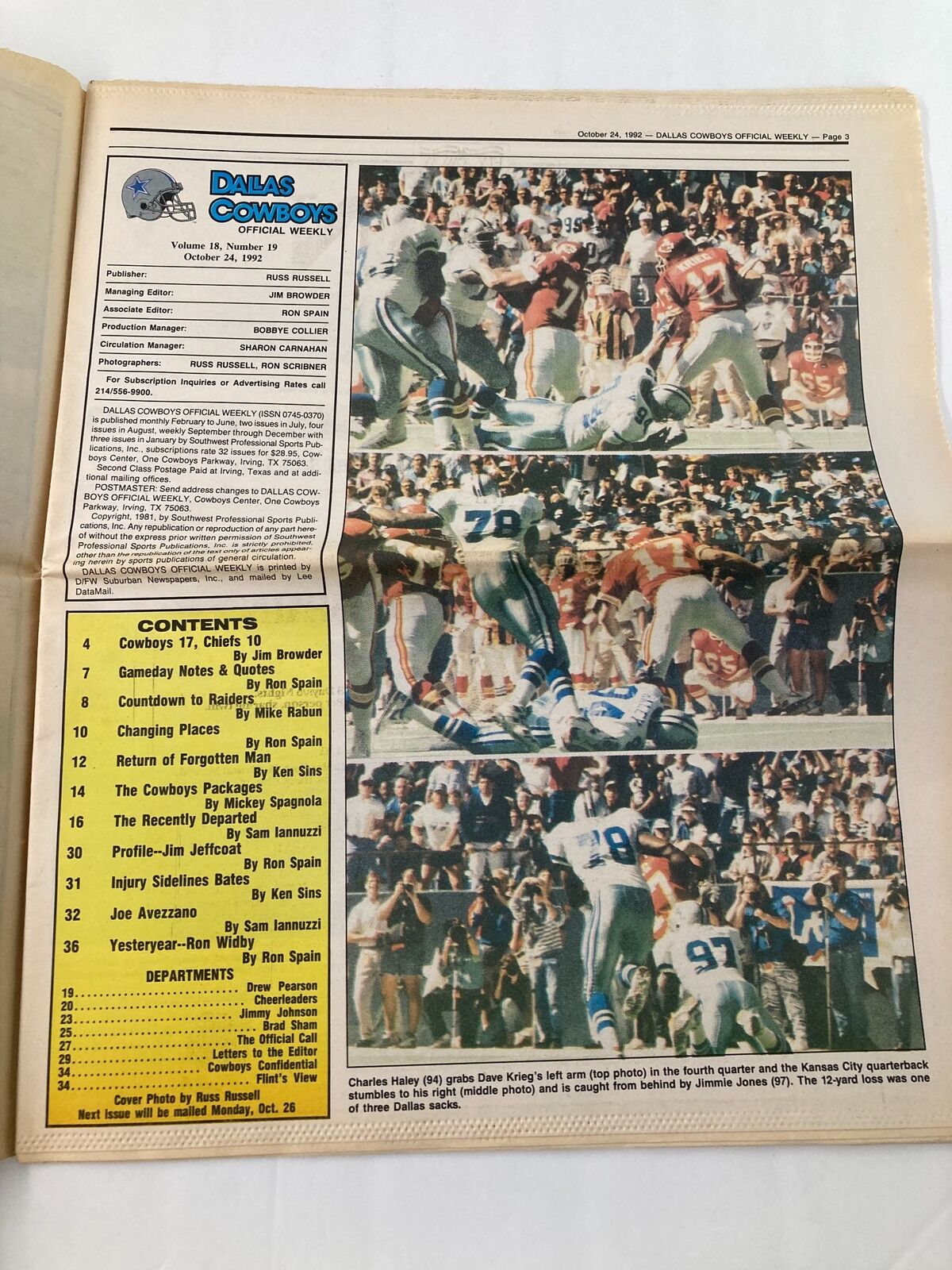 Dallas Cowboys Weekly Newspaper October 24 1992 Vol 18 #19 Russell Maryland