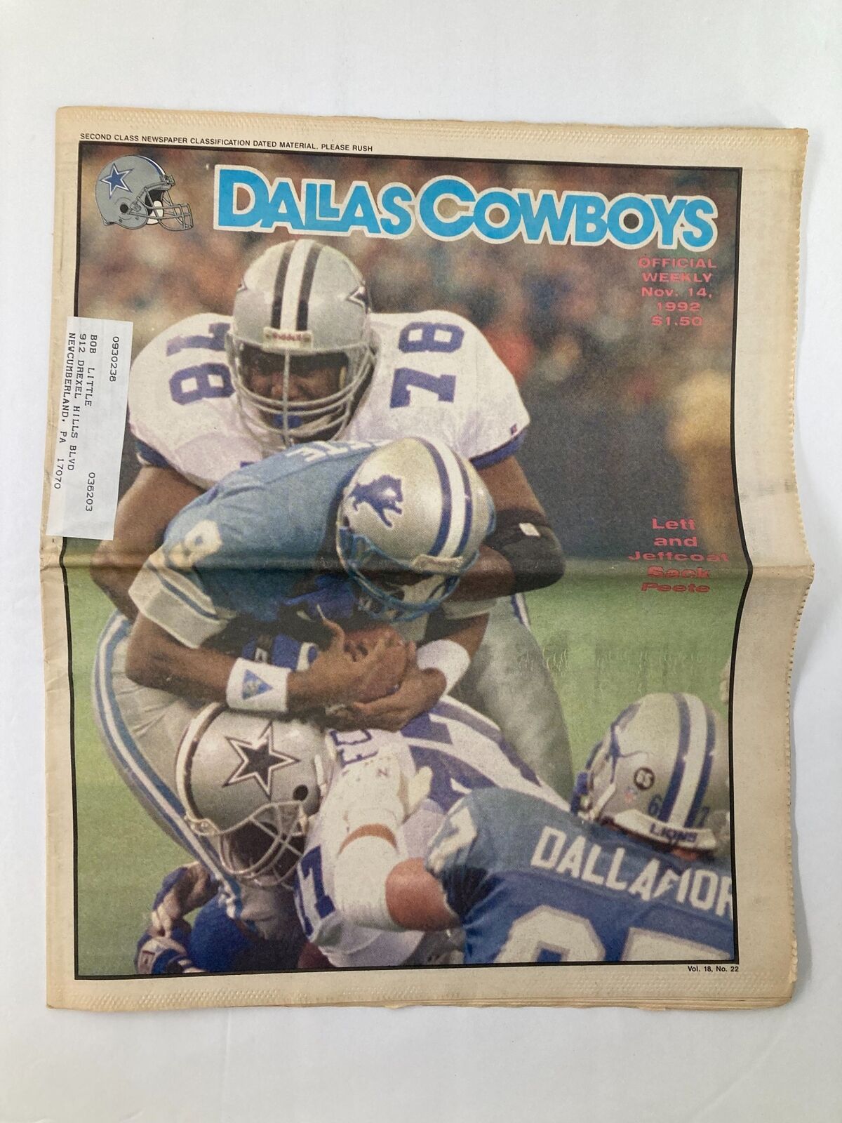 Dallas Cowboys Weekly Newspaper November 14 1992 Leon Lett and Jim Jeffcoat