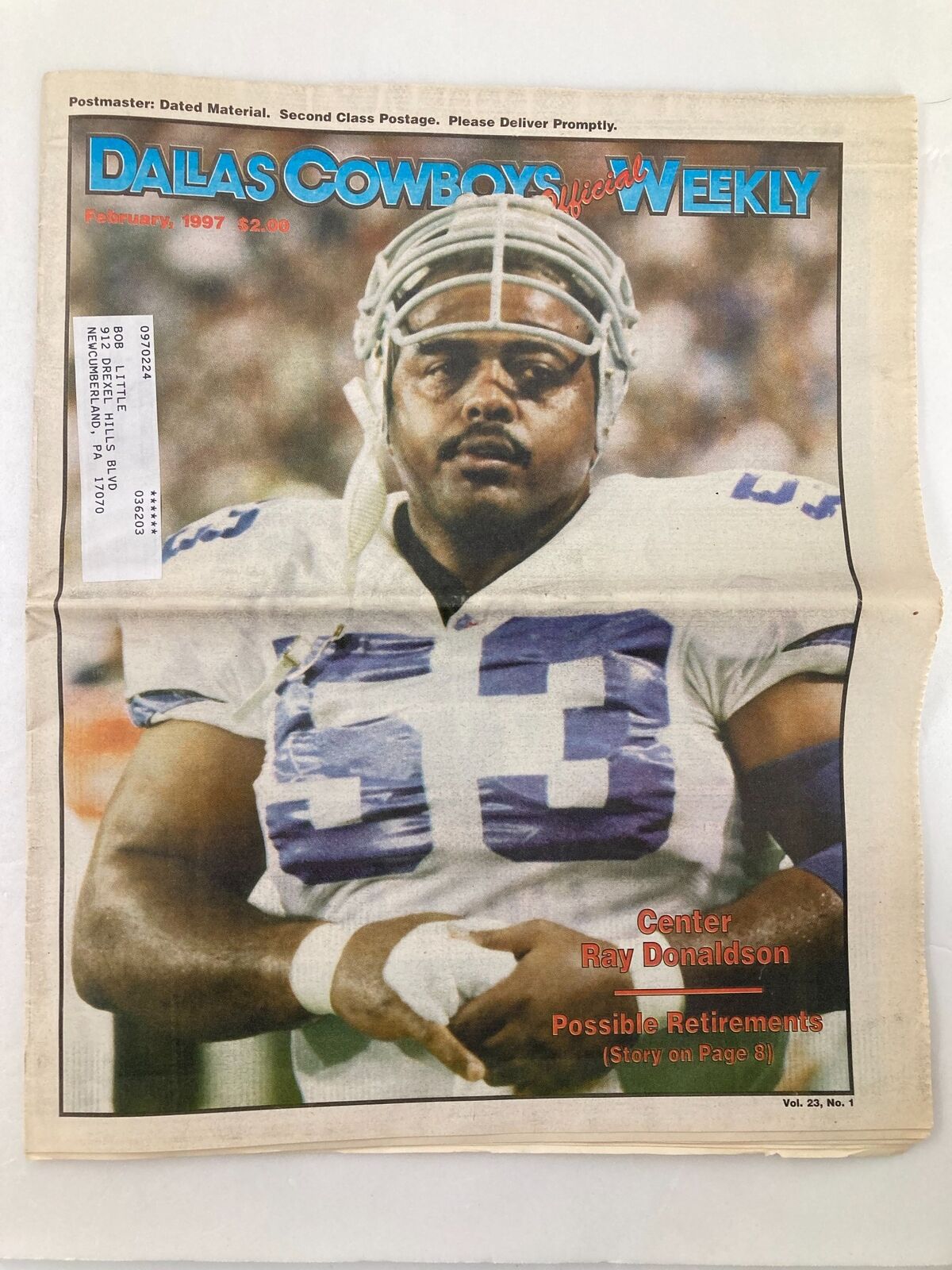 Dallas Cowboys Weekly Newspaper February 1997 Vol 23 #1 Center Ray Donaldson