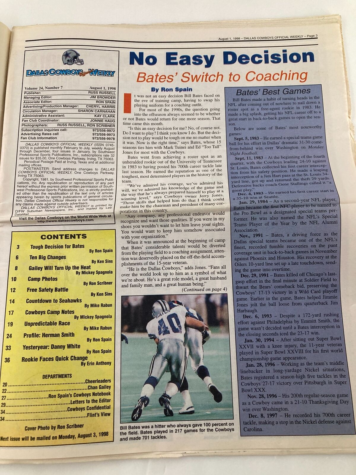 Dallas Cowboys Weekly Newspaper August 1 1998 Vol 24 #7 Bill Bates 217 Games