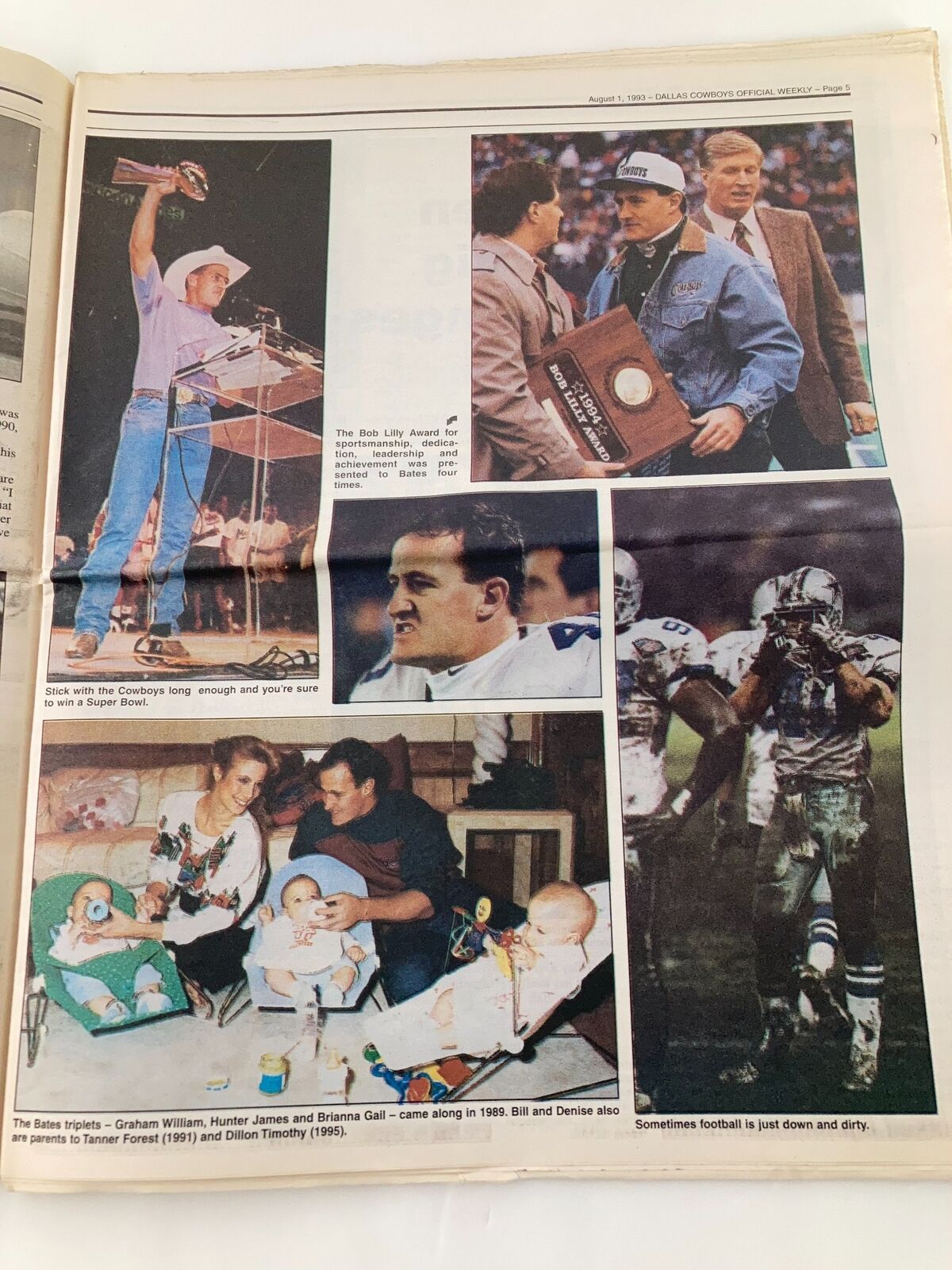 Dallas Cowboys Weekly Newspaper August 1 1998 Vol 24 #7 features various images including a photo of a player receiving an award, coaches at a press conference, and family moments showcasing Cowboys players.