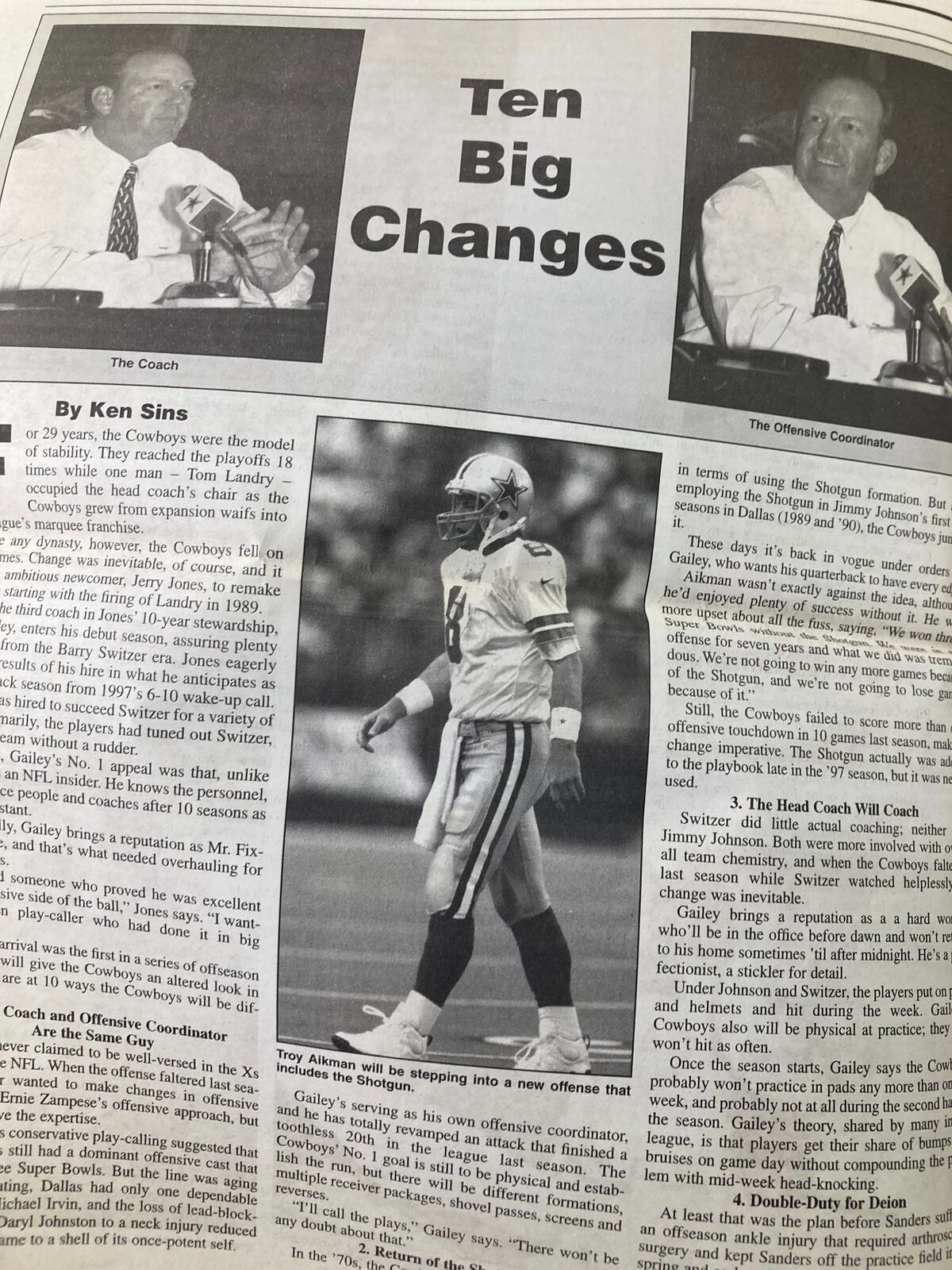 Dallas Cowboys Weekly Newspaper August 1 1998 Vol 24 #7 highlights the impact of coaching changes with a photo of the new offensive coordinator and notable Cowboys player, Troy Aikman.