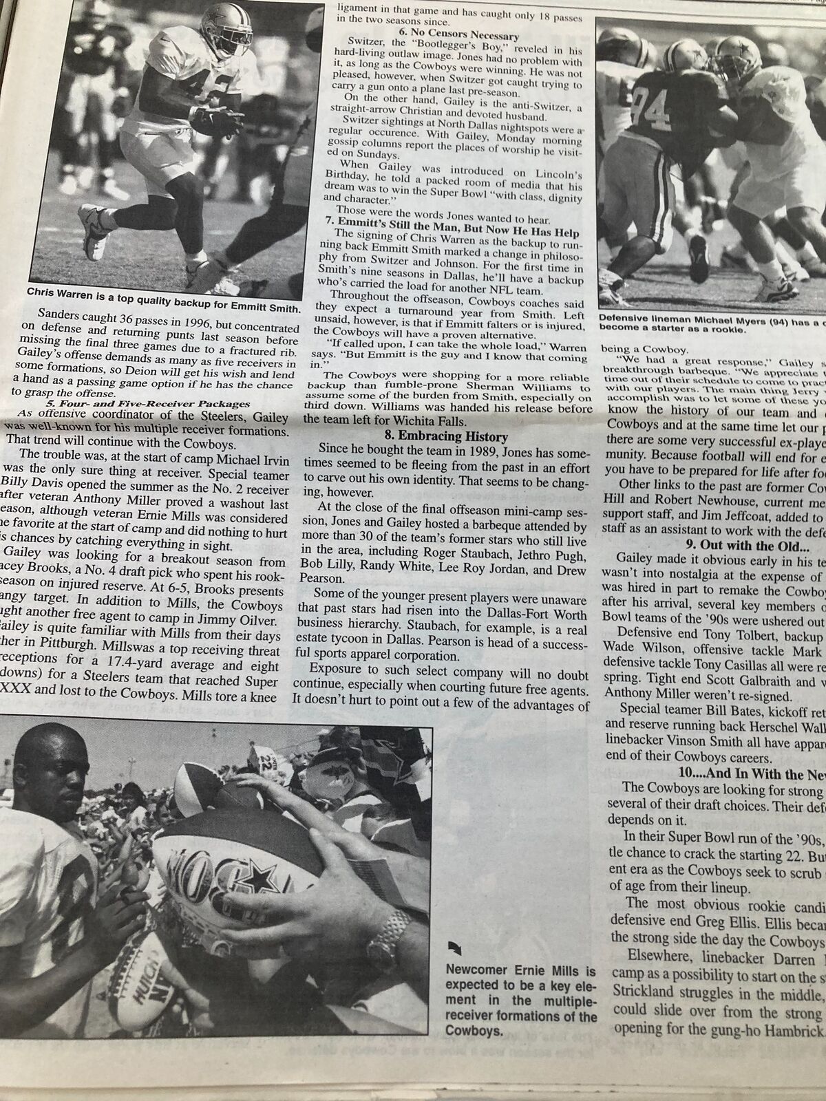 Dallas Cowboys Weekly Newspaper August 1 1998 Vol 24 #7 focuses on player insights and game strategies with text discussing Chris Warren and the team's evolving dynamics.