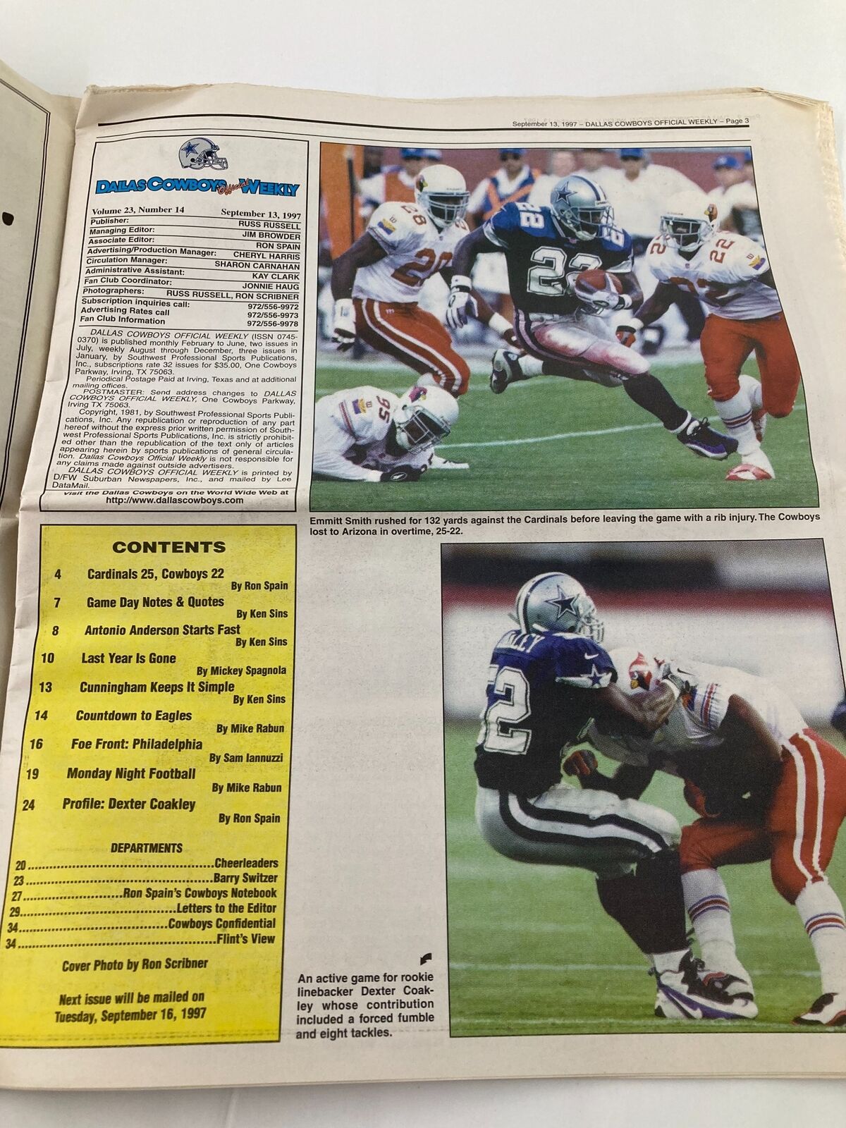 Dallas Cowboys Weekly Newspaper September 13 1997 Vol 23 #14 Emmitt Smith