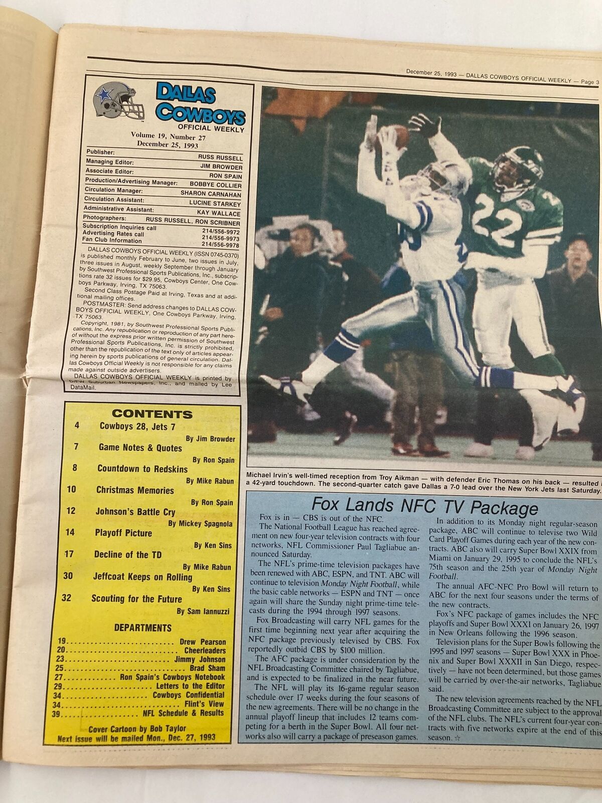 Dallas Cowboys Weekly Newspaper December 25 1993 Vol 19 #27 Michael Irvin