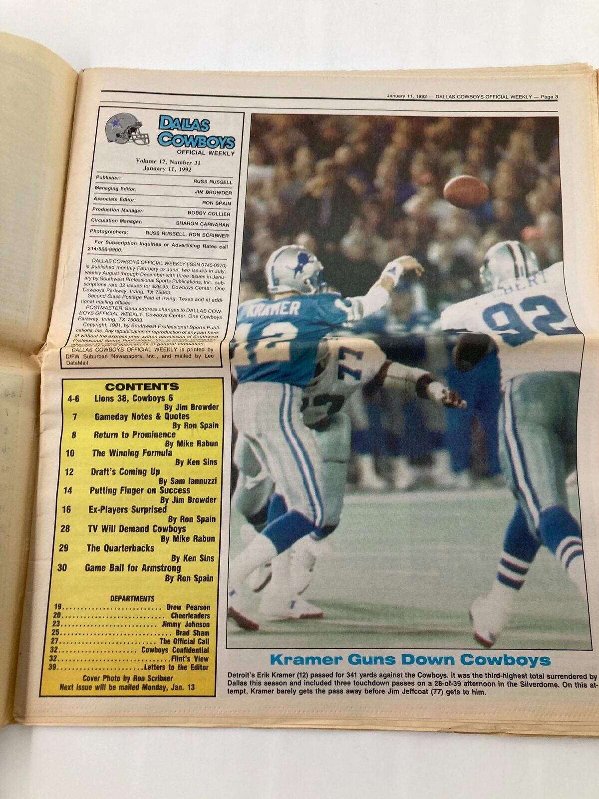 Dallas Cowboys Weekly Newspaper January 11 1992 Vol 17 #31 Jim Jeffcoat