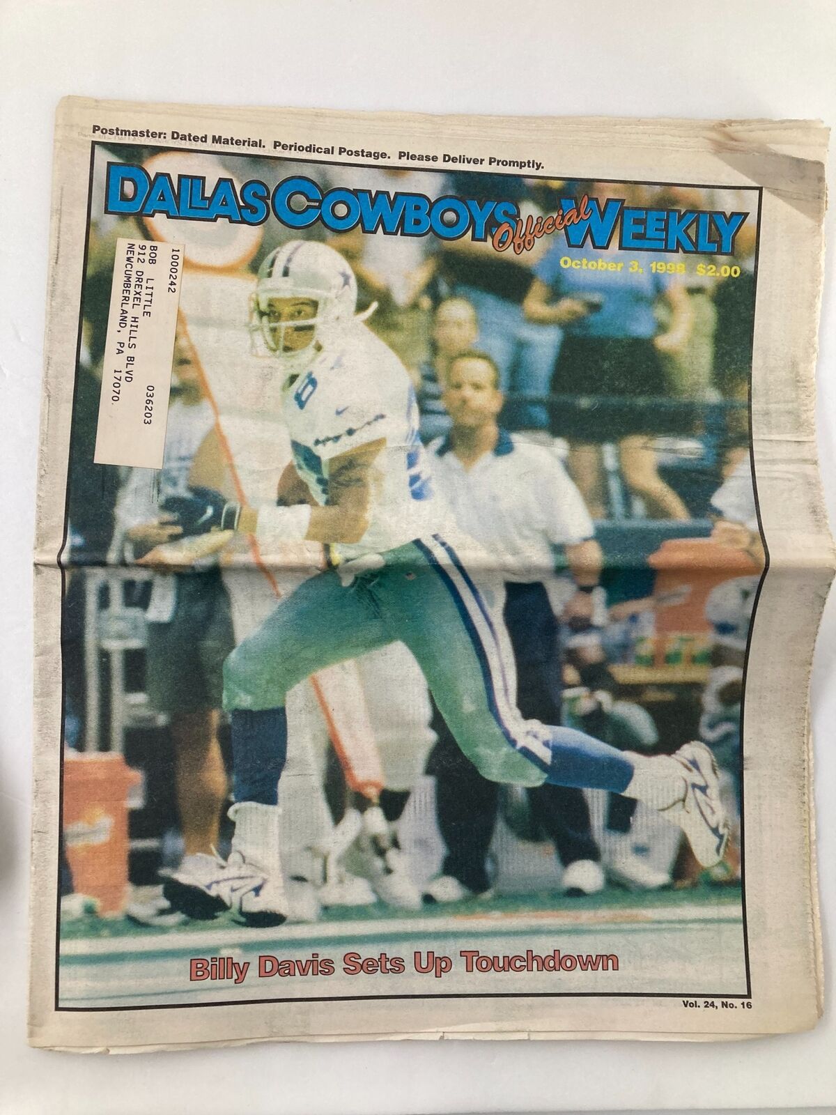 Dallas Cowboys Weekly Newspaper October 3 1998 Vol 24 #16 Billy Davis Touchdown