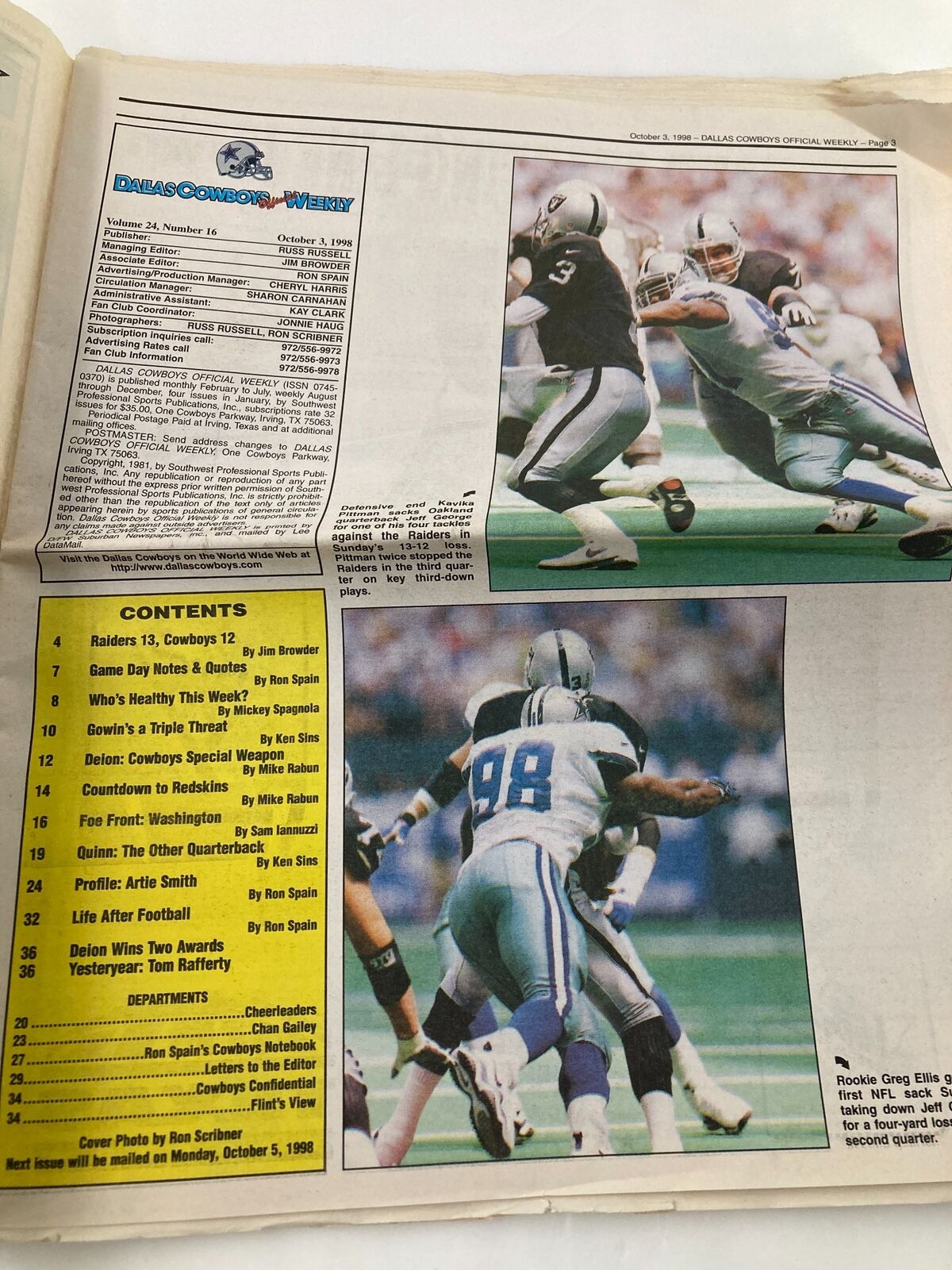 Dallas Cowboys Weekly Newspaper October 3 1998 Vol 24 #16 Billy Davis Touchdown