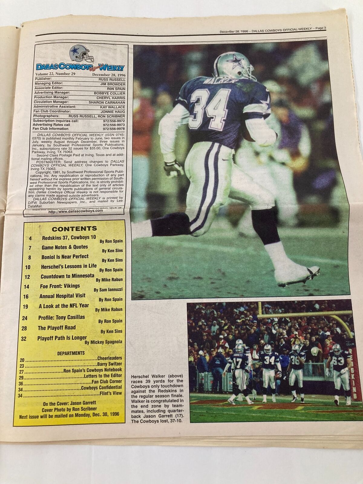 Dallas Cowboys Weekly Newspaper December 28 1996 Vol 22 #29 Hersschel Walker