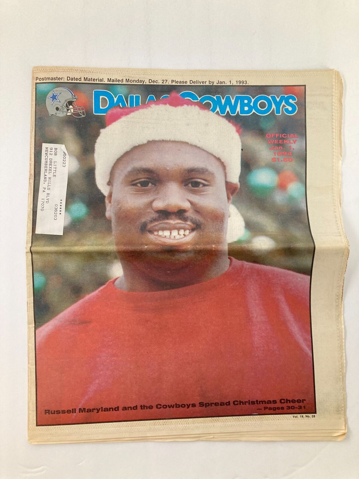 Dallas Cowboys Weekly Newspaper January 1 1994 Vol 19 #28 Russell Maryland