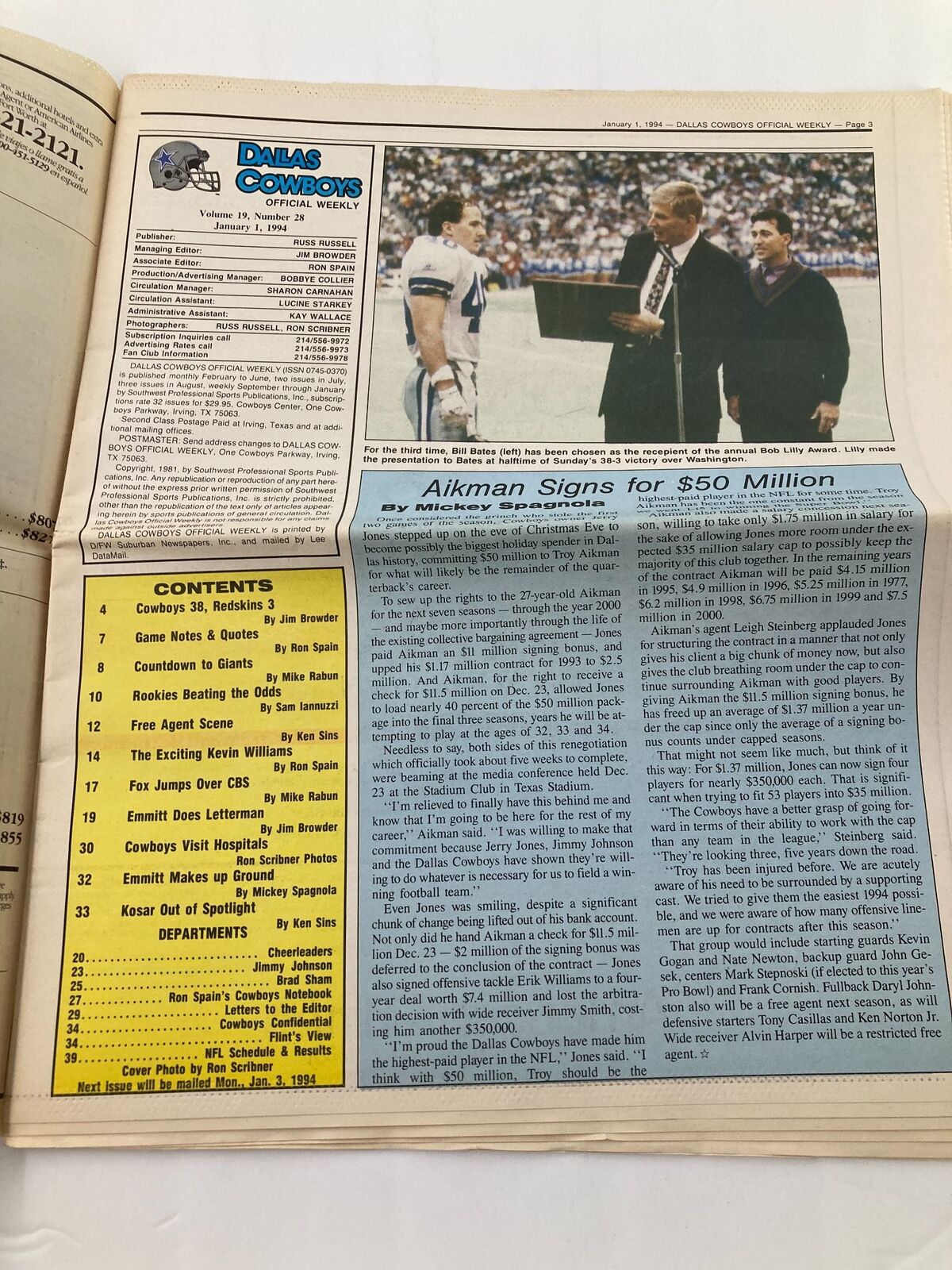 Dallas Cowboys Weekly Newspaper January 1 1994 Vol 19 #28 Russell Maryland