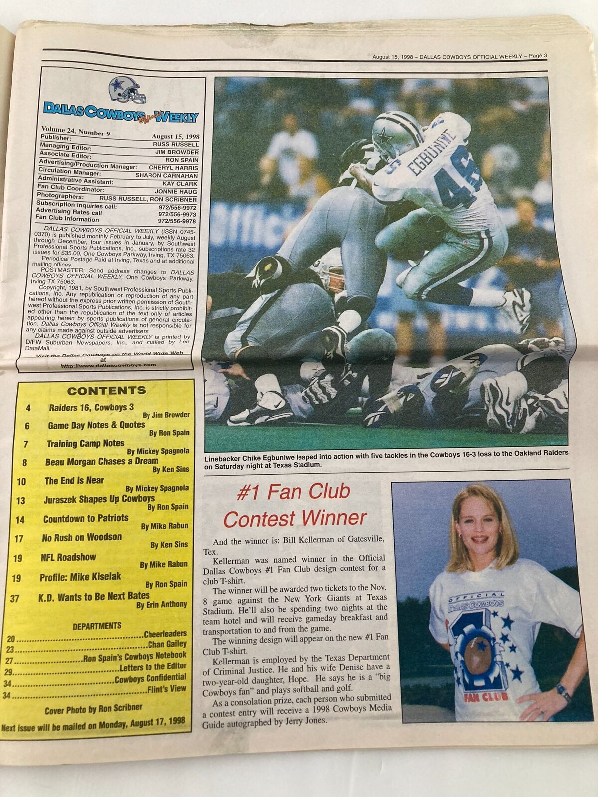 Dallas Cowboys Weekly Newspaper August 15 1998 Vol 24 #9 Emmitt Smith