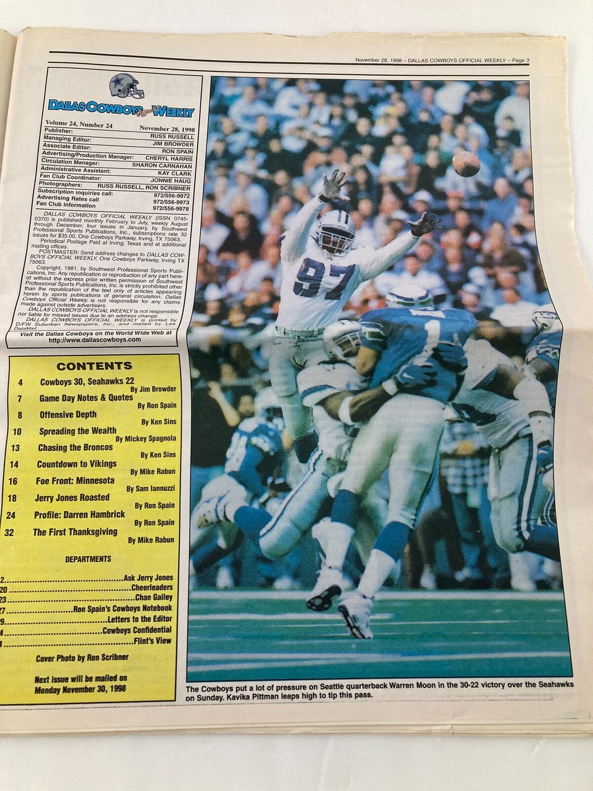 Dallas Cowboys Weekly Newspaper November 28 1998 Vol 24 #24 Larry Allen