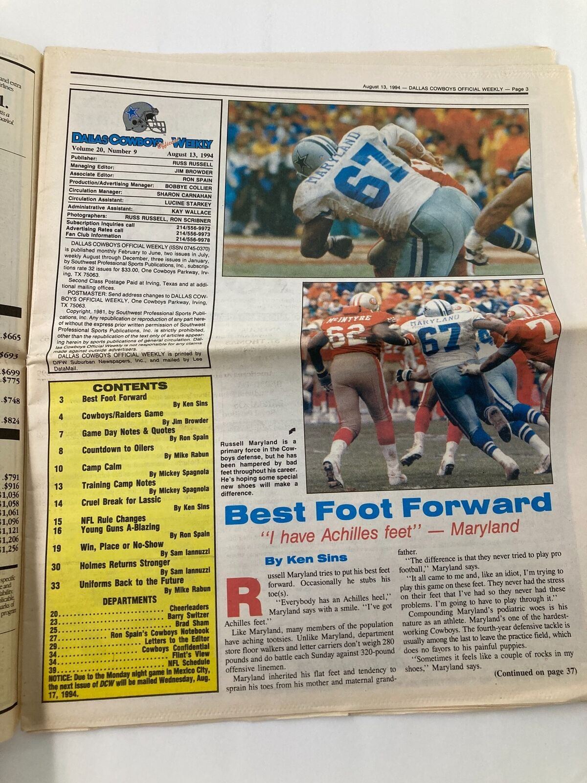 Dallas Cowboys Weekly Newspaper August 13 1994 Vol 20 #9 Daryl Johnston