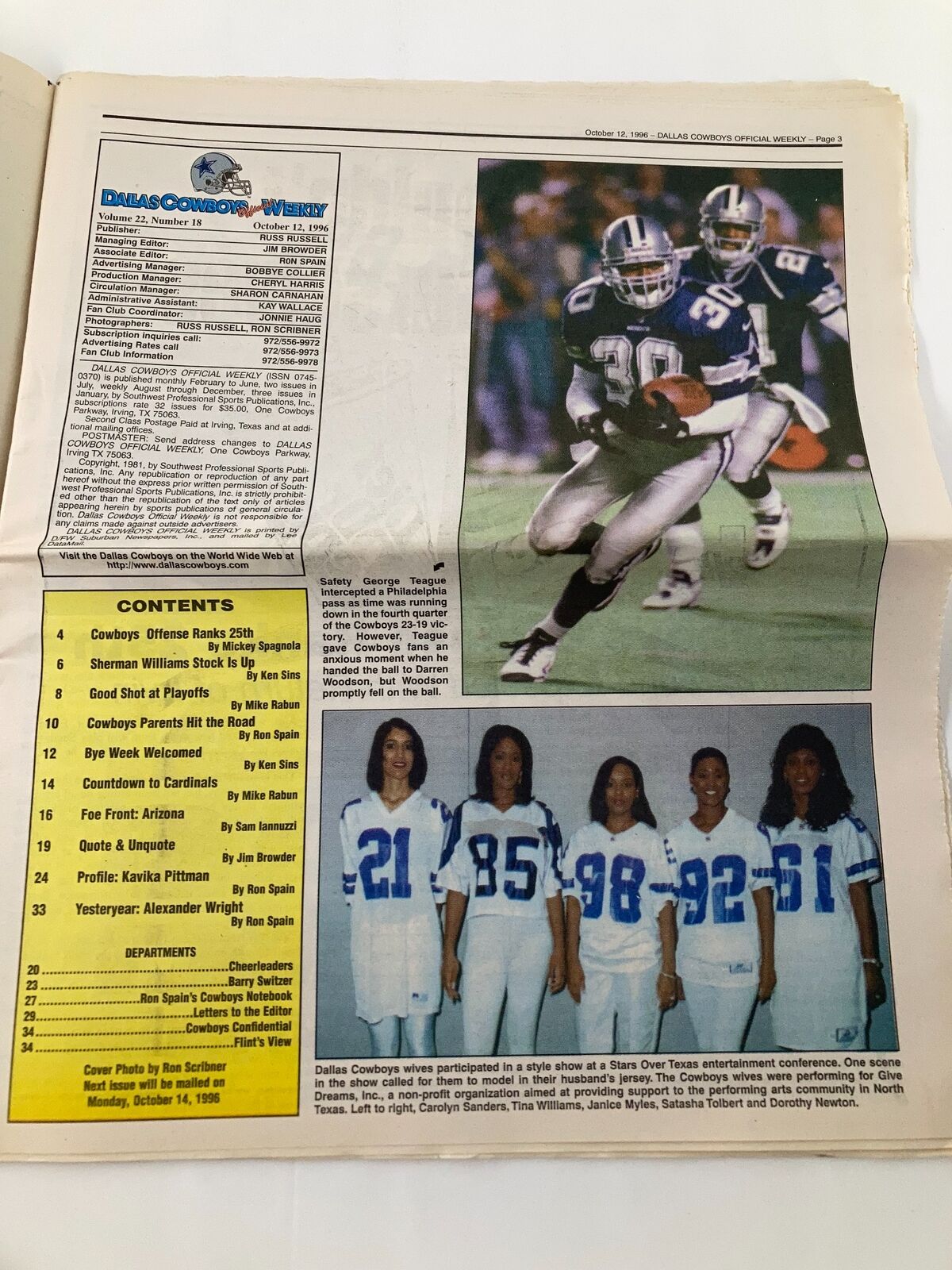 Dallas Cowboys Weekly Newspaper October 12 1996 Vol 22 #18 George Teague